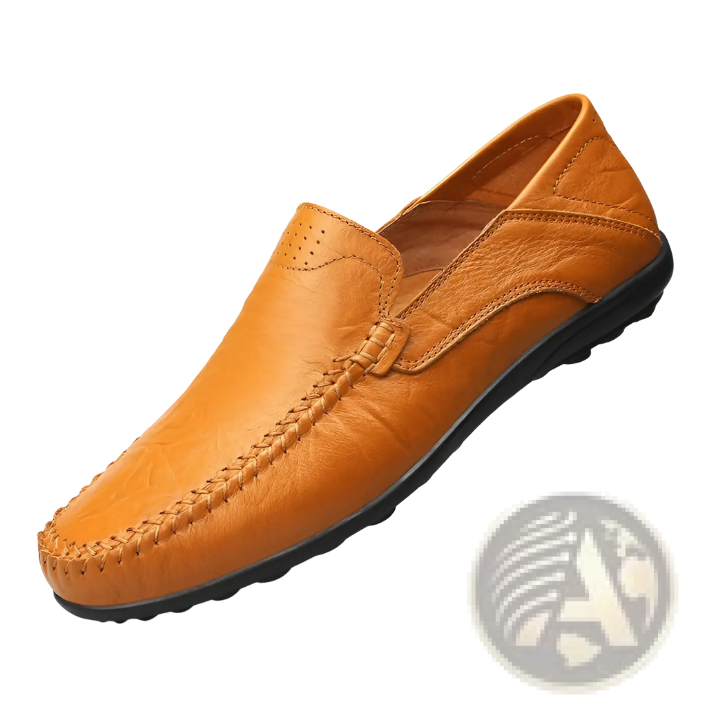 Tan cowhide leather breathable perforated gommino slip-on loafer with black rubber sole and braided stitching