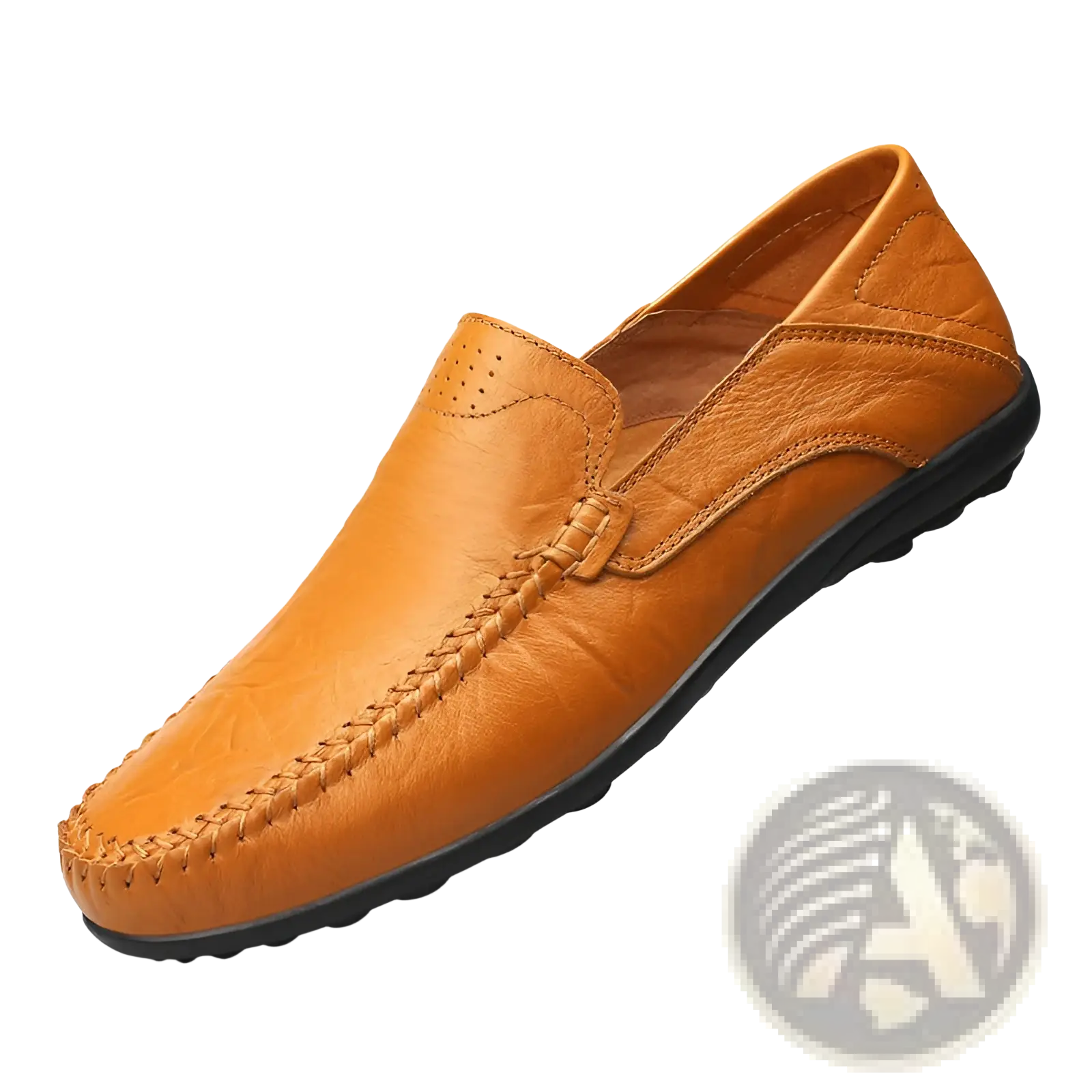 Tan cowhide leather breathable perforated gommino slip-on loafer with black rubber sole and braided stitching