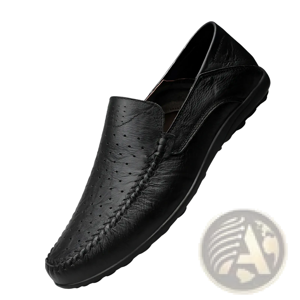 Black leather slip-on cowhide loafer with breathable perforated detailing and braided stitching for comfortable wear