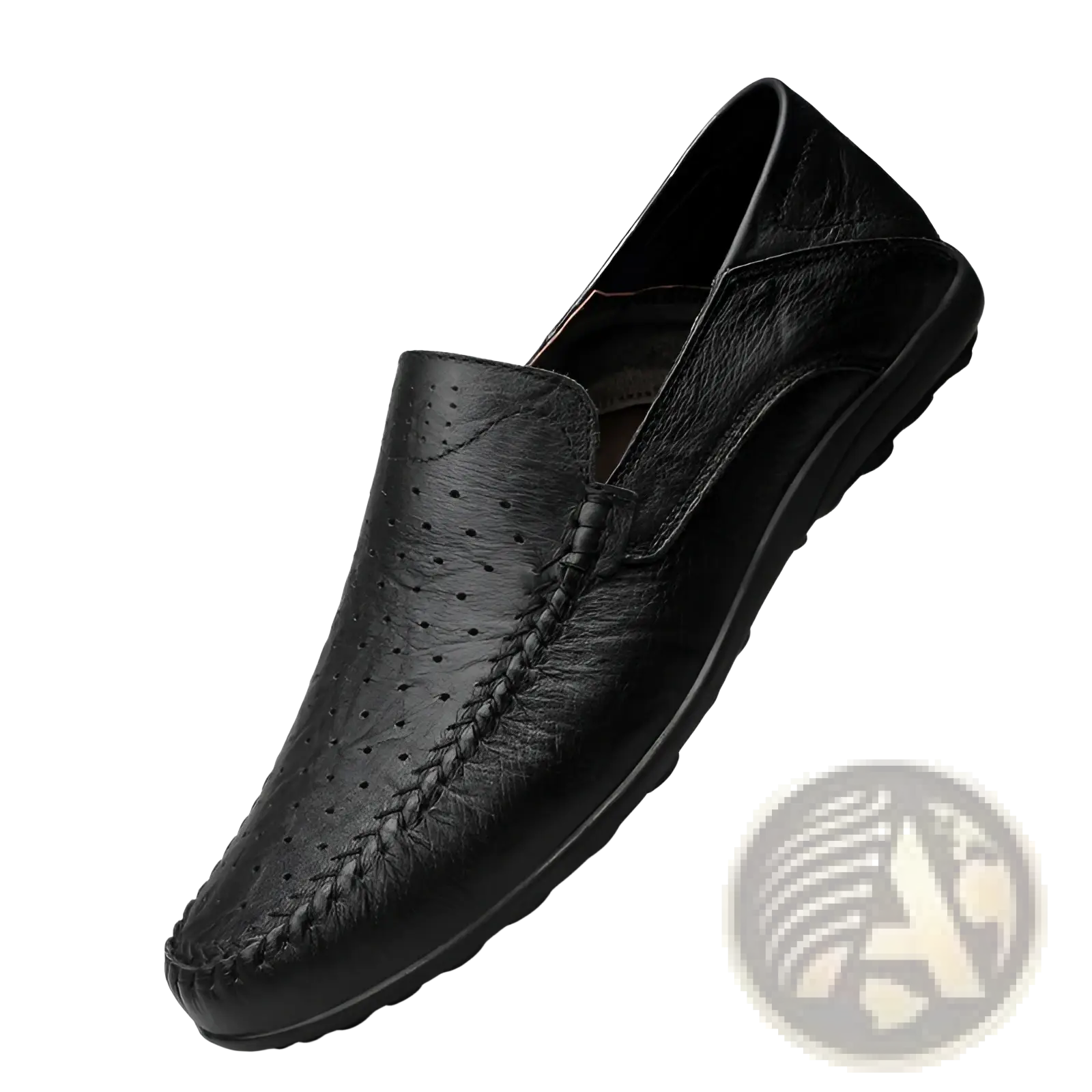 Black leather slip-on cowhide loafer with breathable perforated detailing and braided stitching for comfortable wear