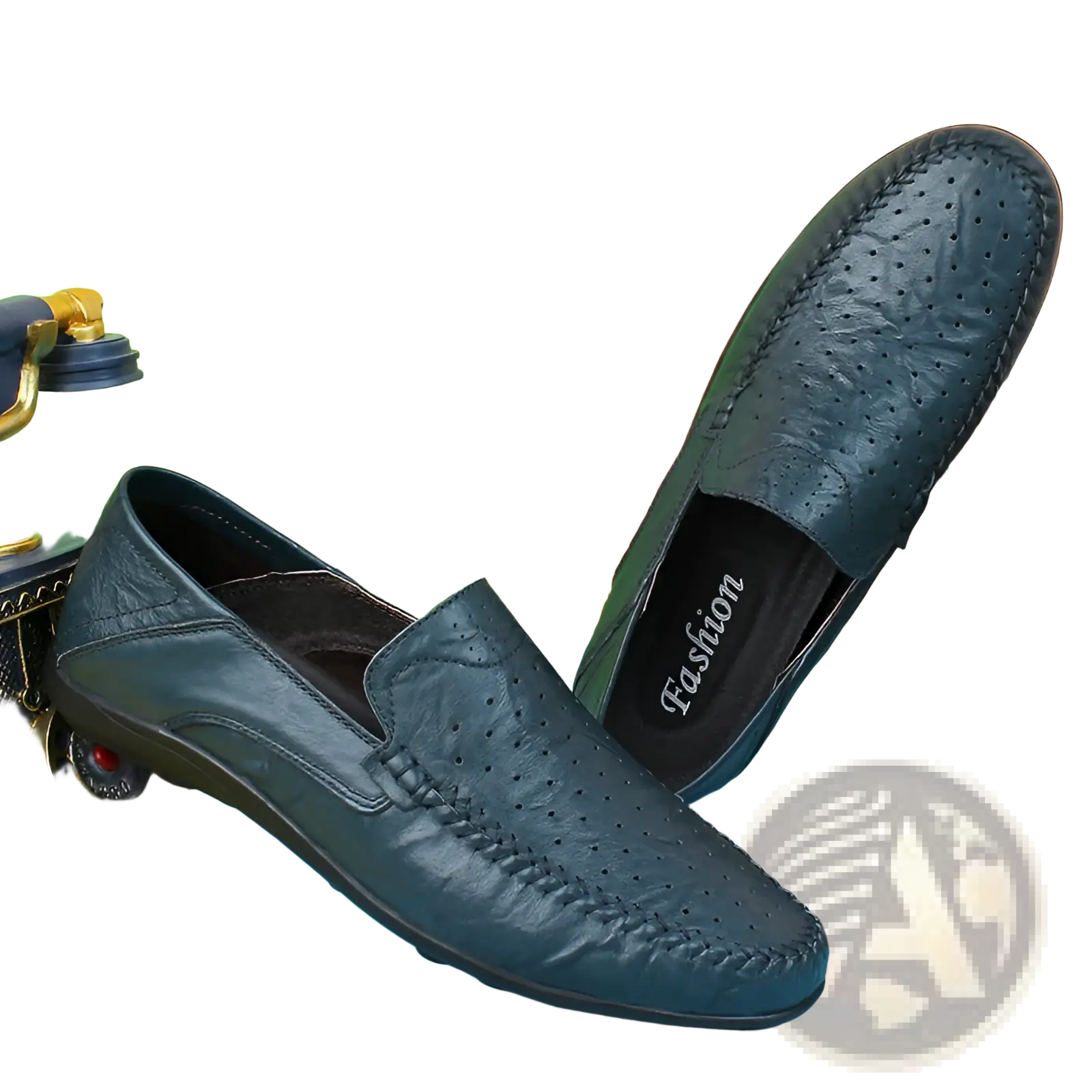 Dark green cowhide leather breathable perforated gommino slip-on shoes with visible stitching and fashion label inside