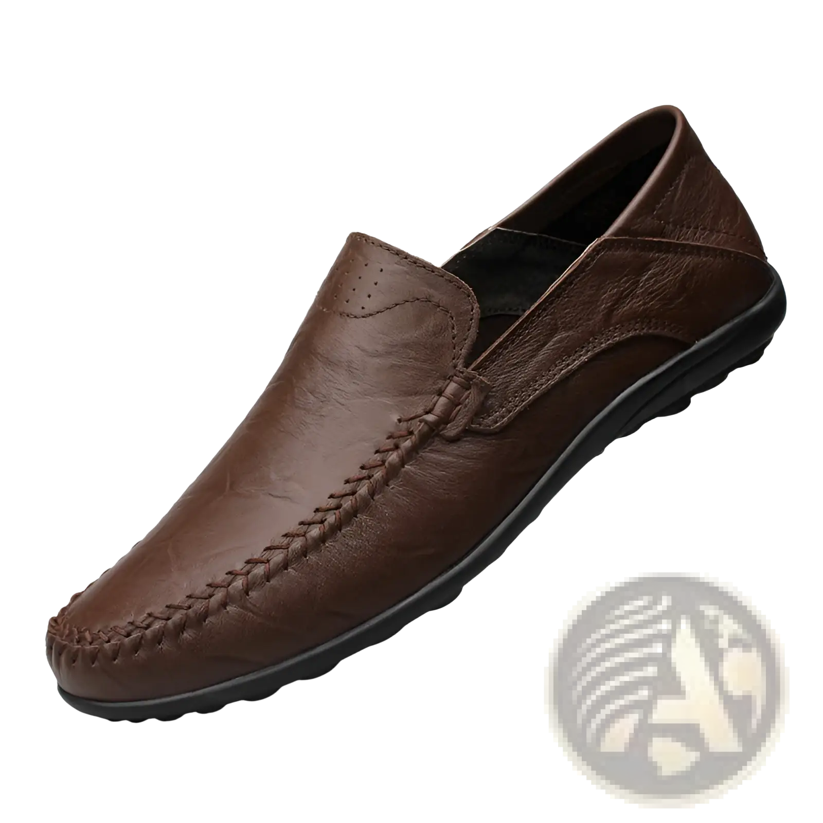 Brown cowhide leather breathable perforated slip-on loafer with braided stitching and black rubber sole