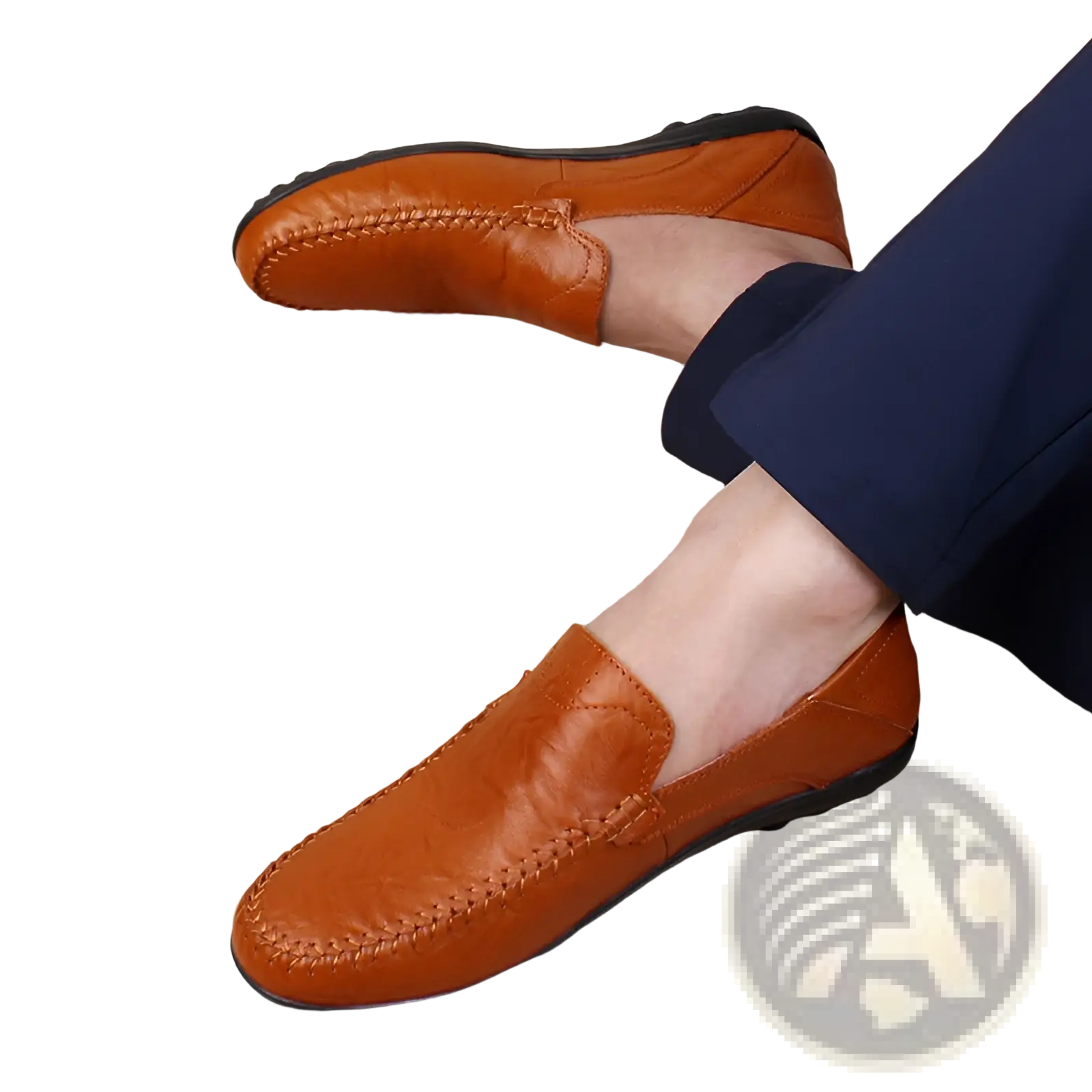 Cowhide leather breathable perforated gommino shoes in tan slip-on loafers with black rubber soles and decorative stitching