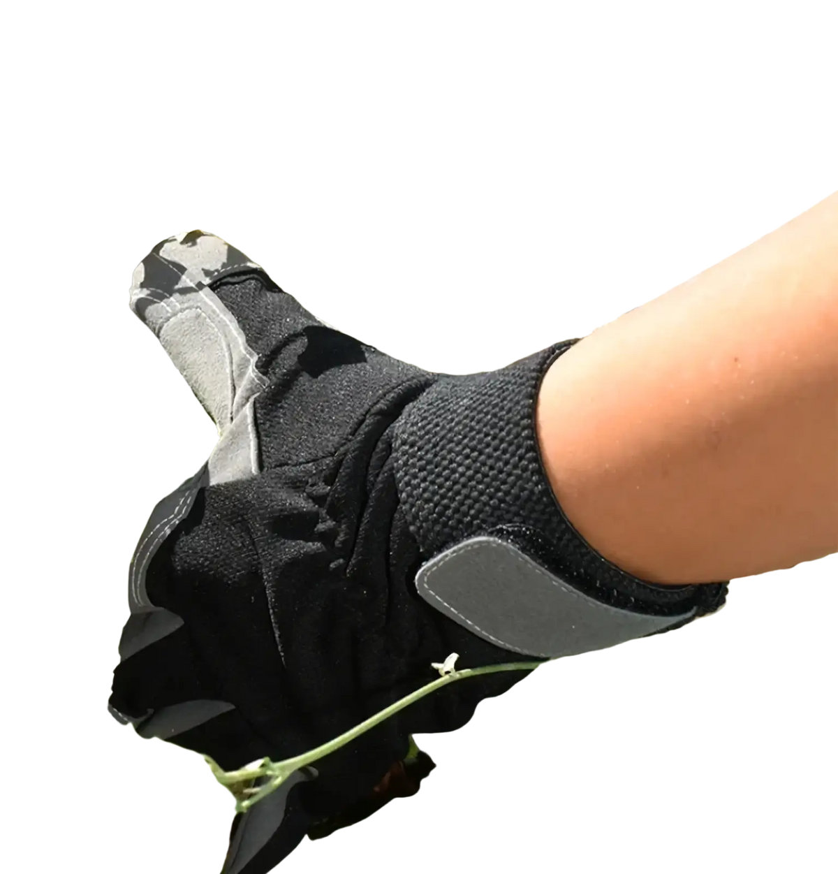 Black and gray cowhide leather work glove with reinforced palm patches for safety and driving use shown from the back side