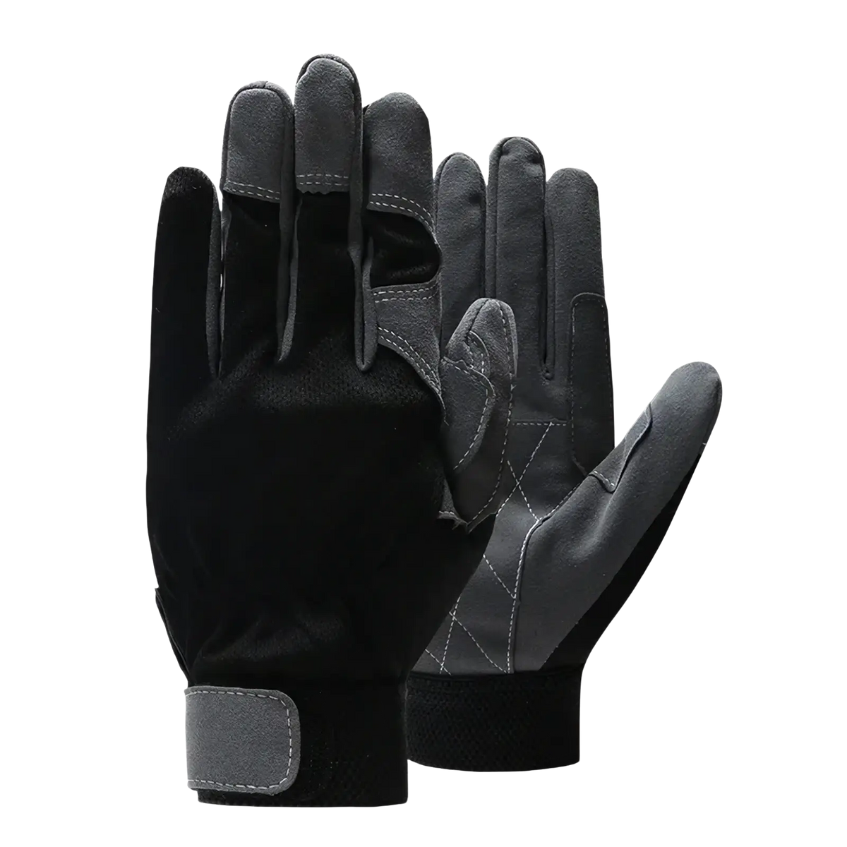 Black and gray cowhide leather work gloves with reinforced fingertips and velcro wrist strap for safety driving