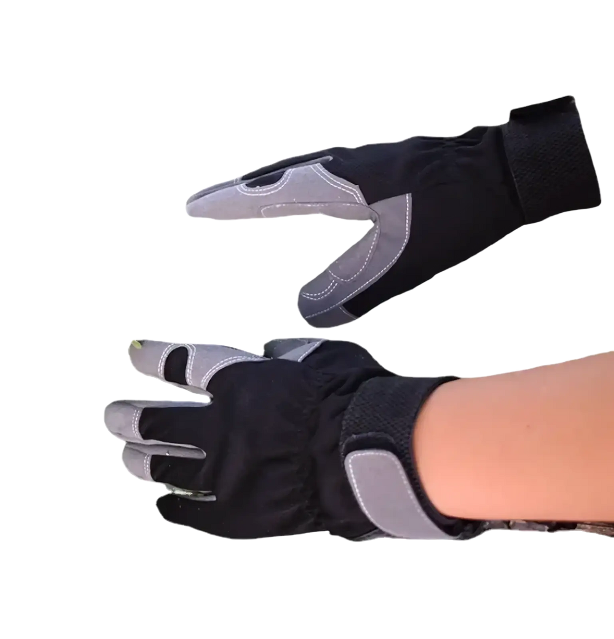 Black and gray cowhide leather work gloves with reinforced palm patches for safety and driving use