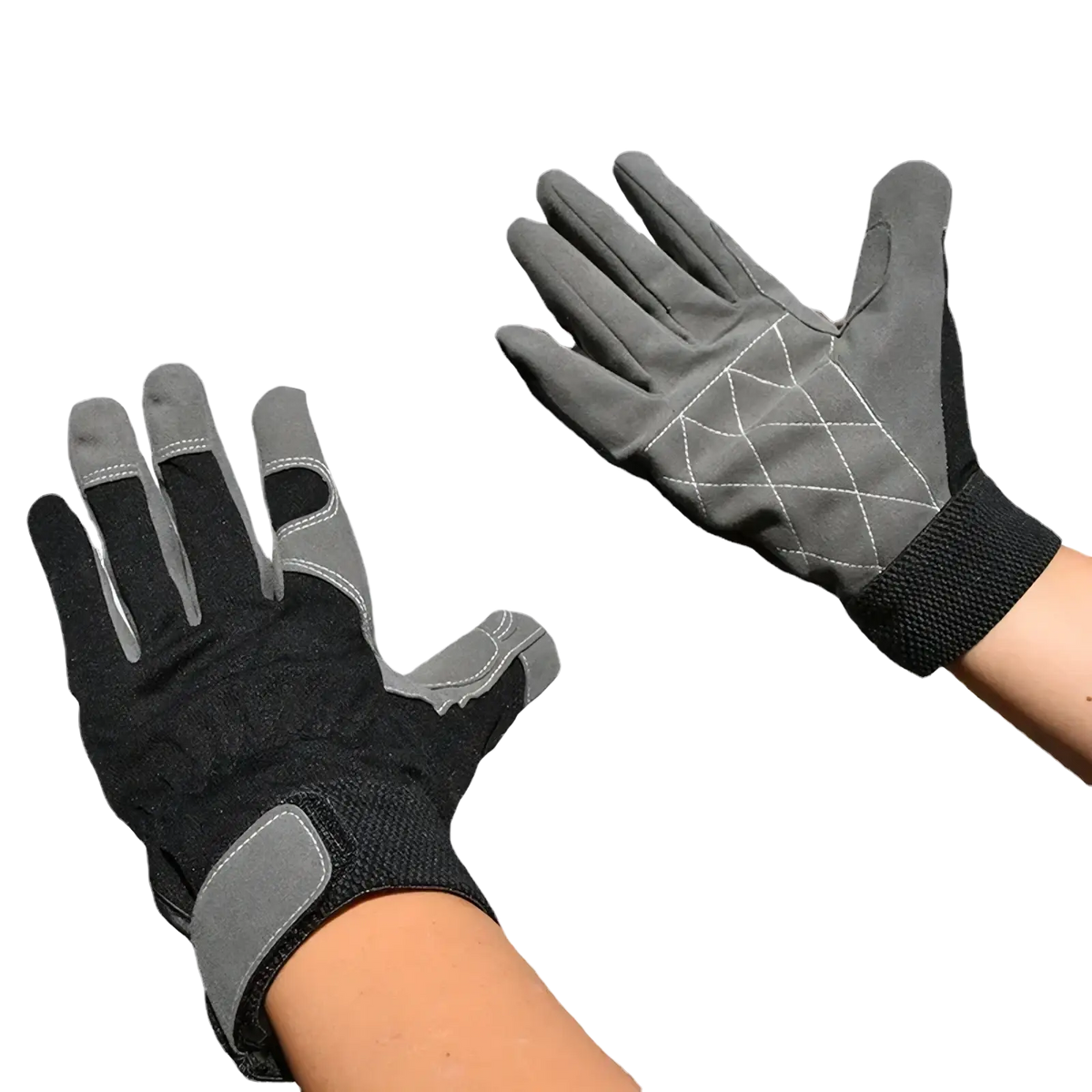 Black and gray cowhide leather work gloves with reinforced fingertips textured palm panels and elastic wristband