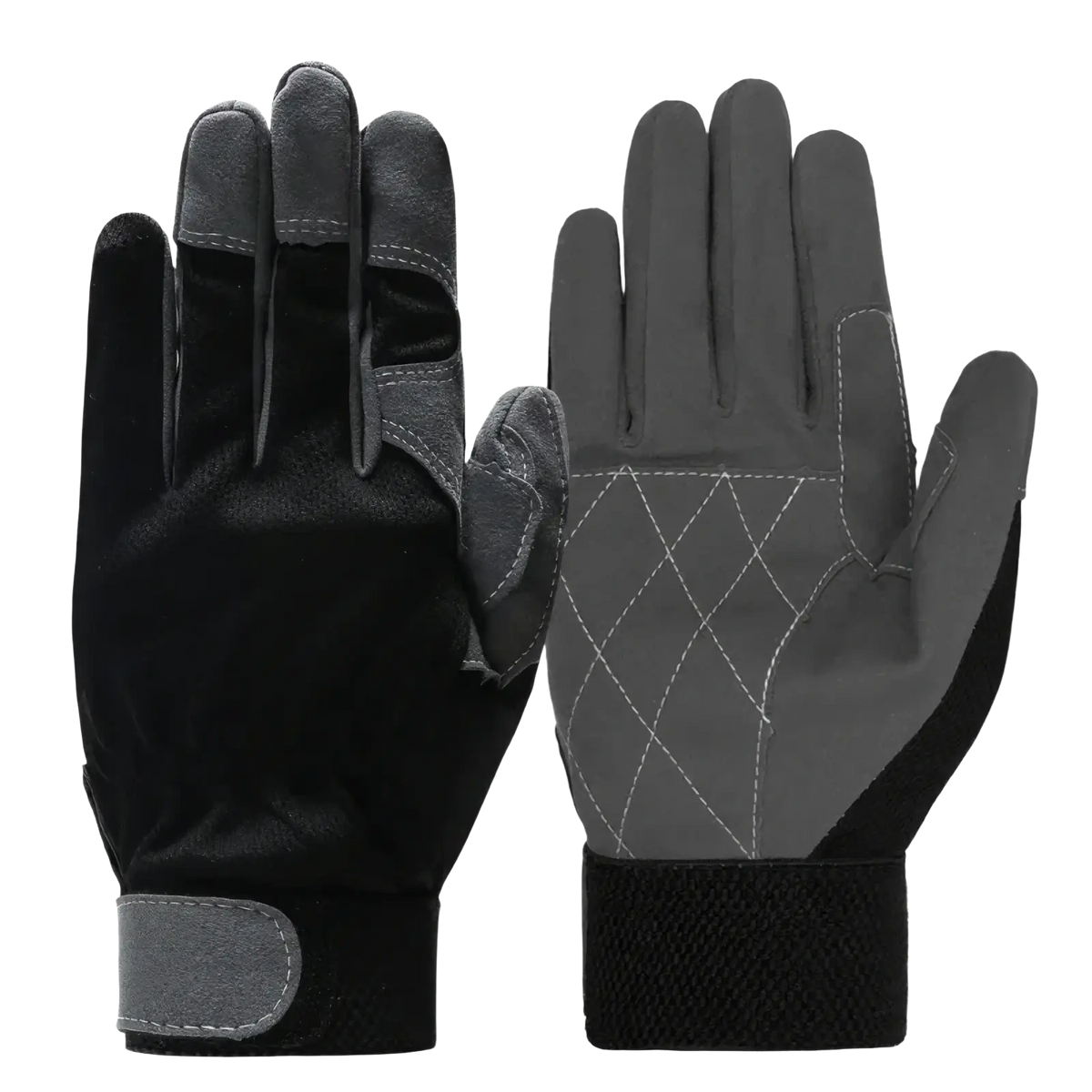 Black and gray cowhide leather work gloves with reinforced fingertips textured palms and velcro wrist strap for safety driving