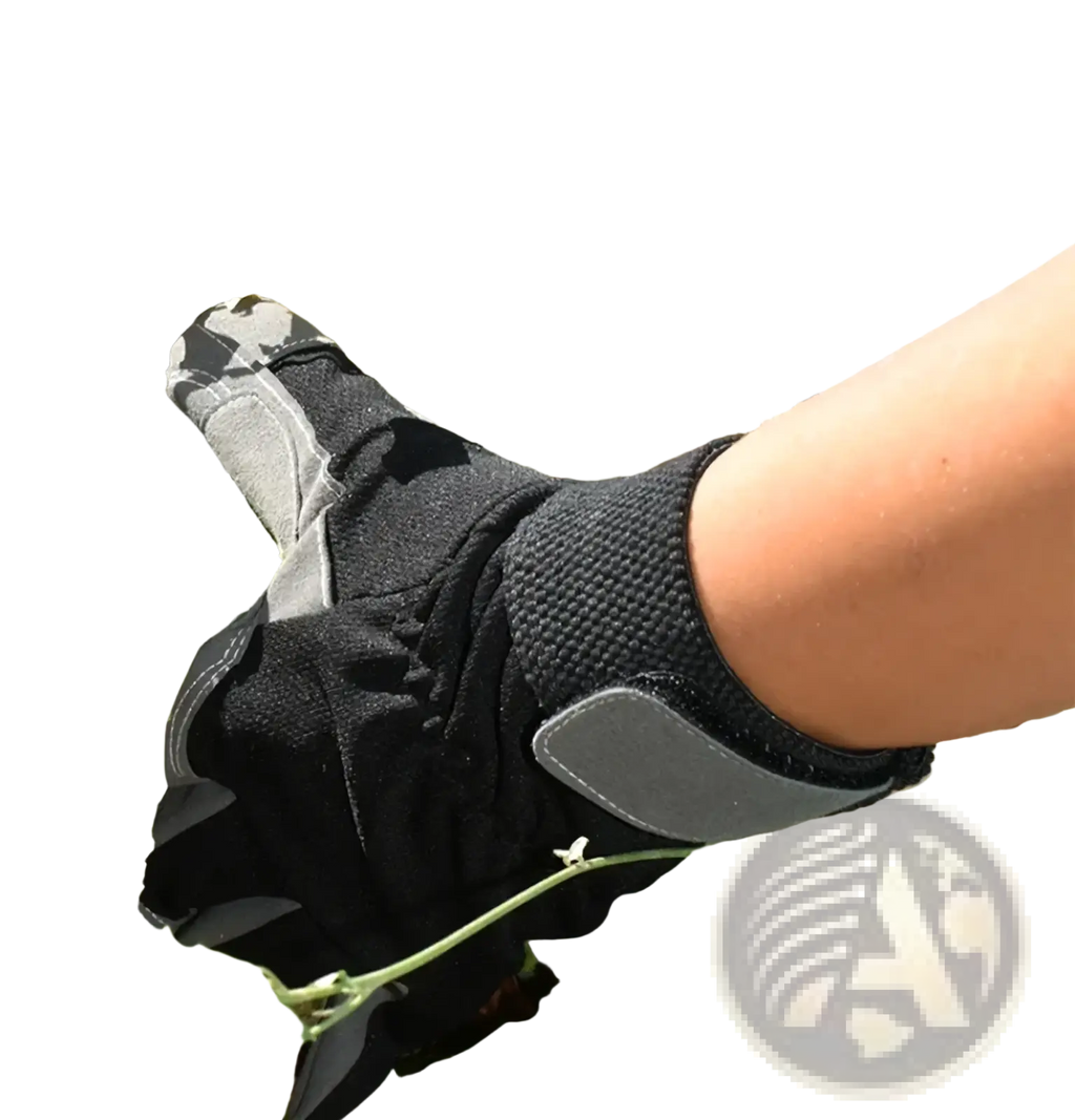 Black and gray cowhide leather work glove with reinforced palm patches for safety and driving use shown from the back side