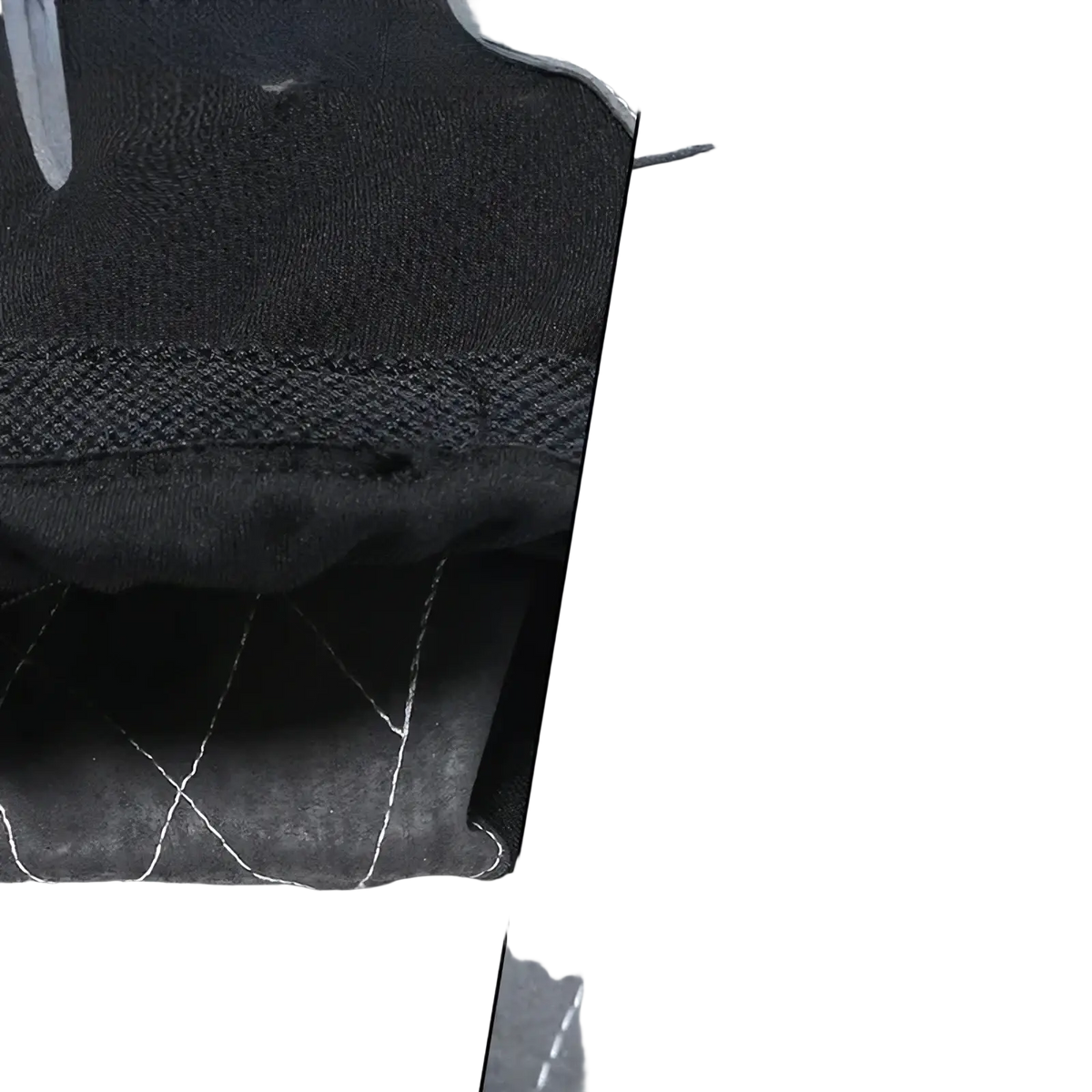 Black and gray cowhide leather work gloves with quilted design and white stitching shown from the back side