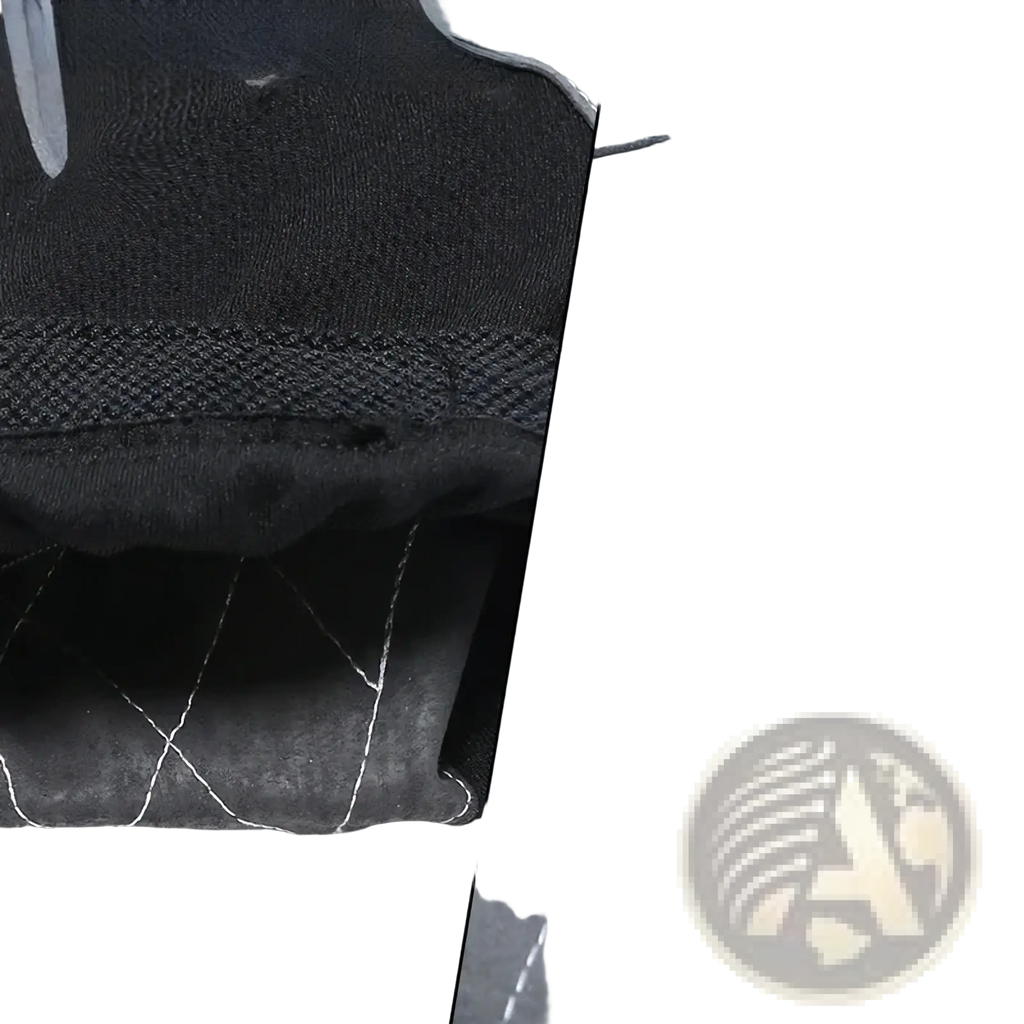 Black and gray cowhide leather work gloves with quilted design and white stitching shown from the back side