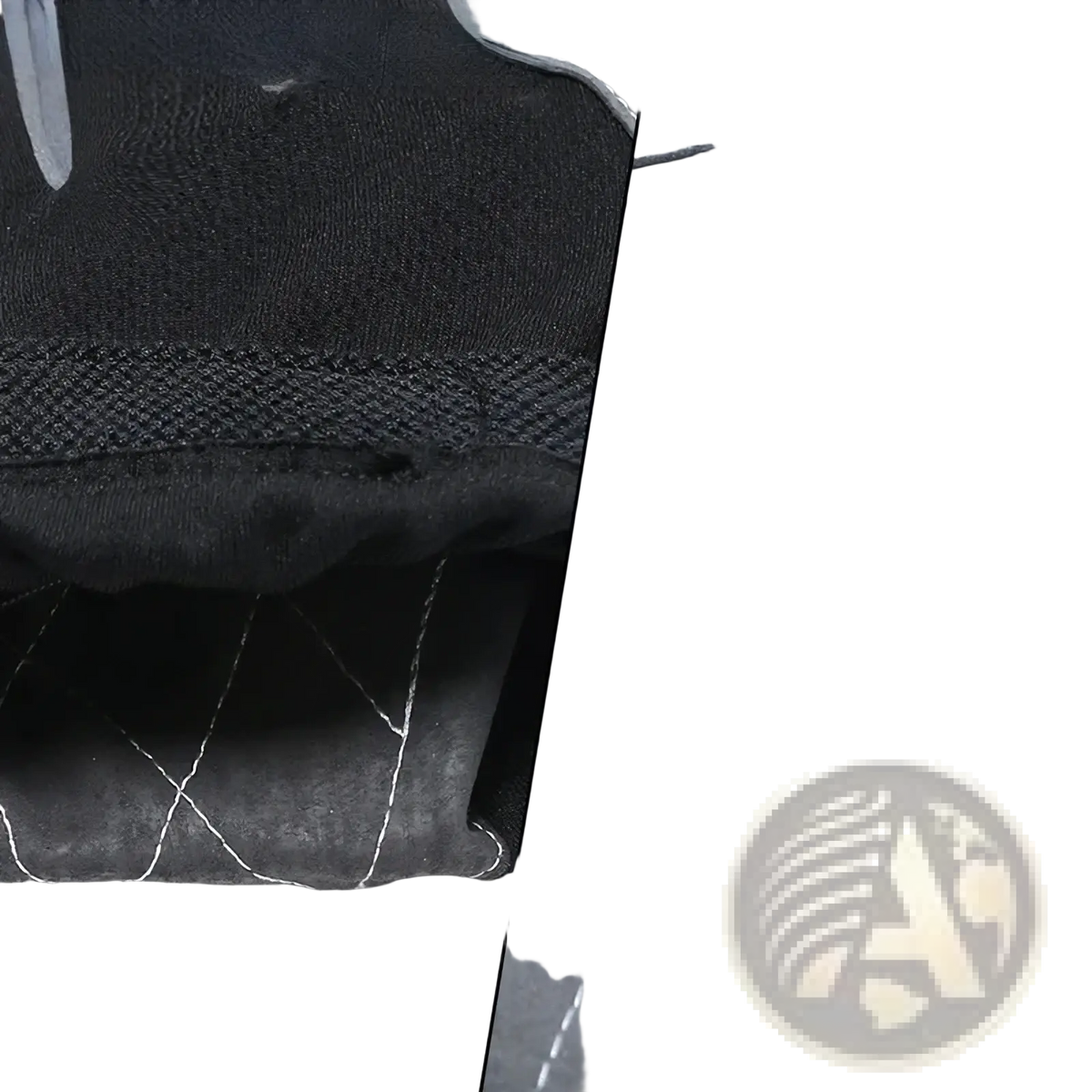 Black and gray cowhide leather work gloves with quilted design and white stitching shown from the back side