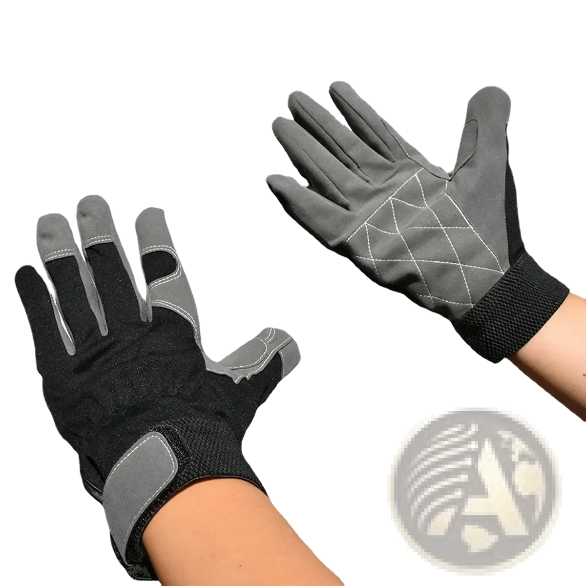 Black and gray cowhide leather work gloves with reinforced fingertips textured palm panels and elastic wristband