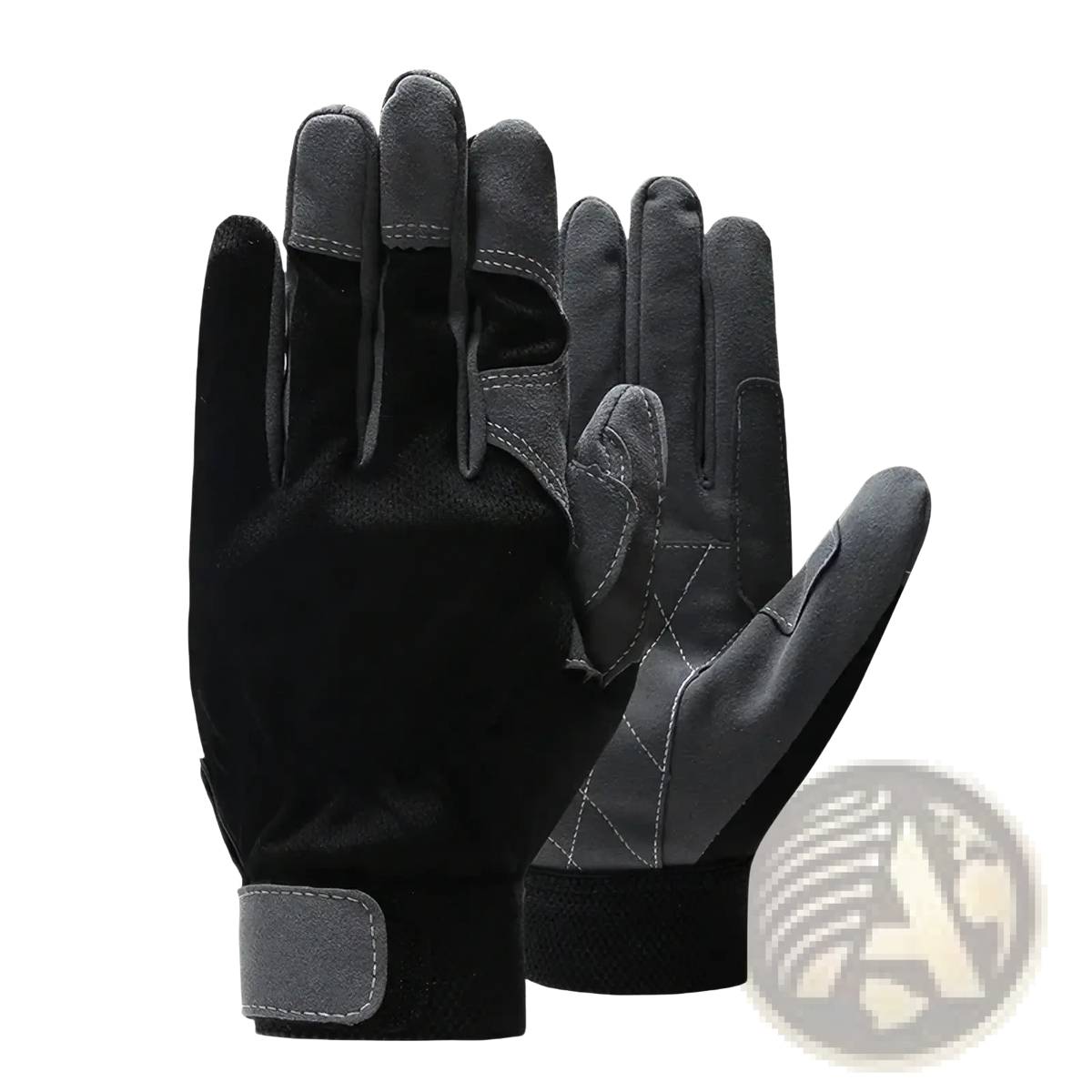 Black and gray cowhide leather work gloves with reinforced fingertips and velcro wrist strap for safety driving