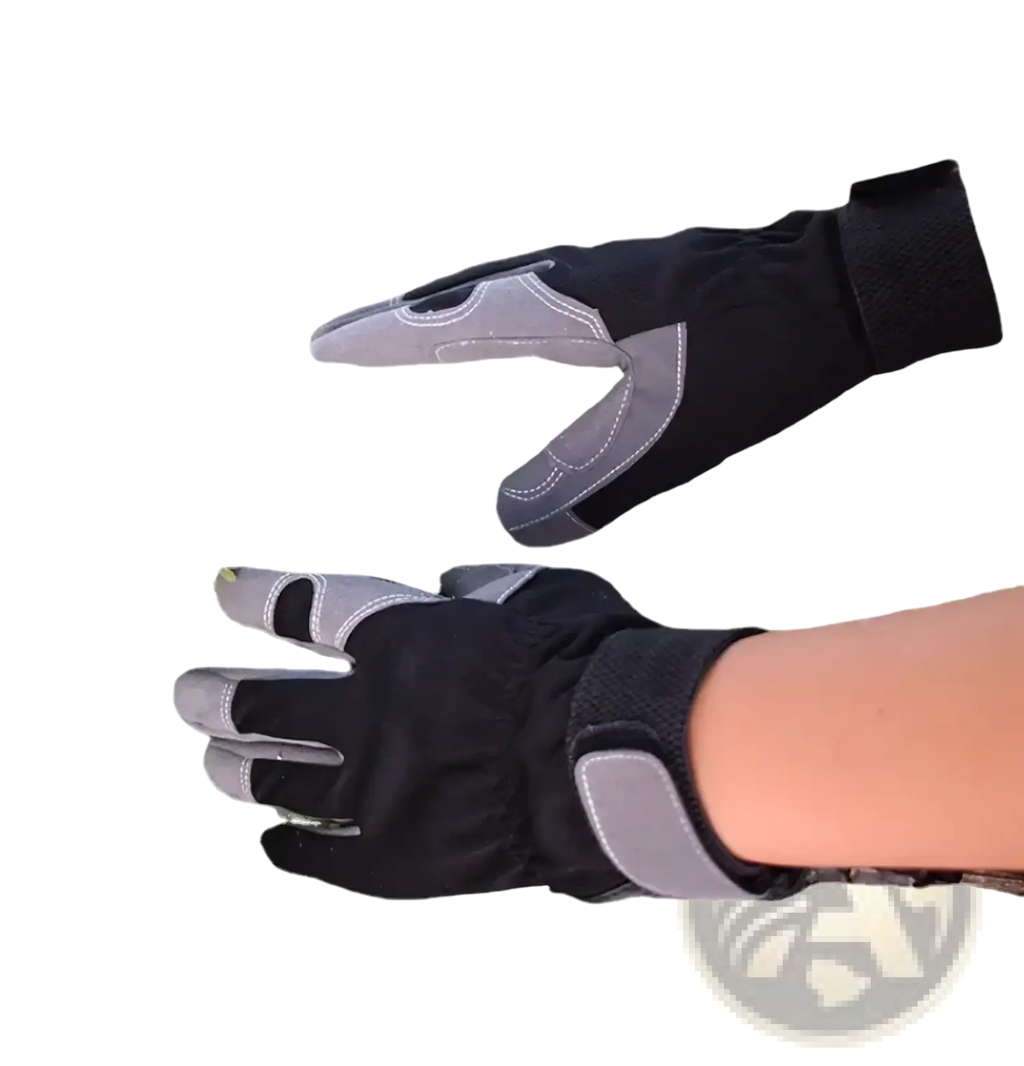Black and gray cowhide leather work gloves with reinforced palm patches for safety and driving use