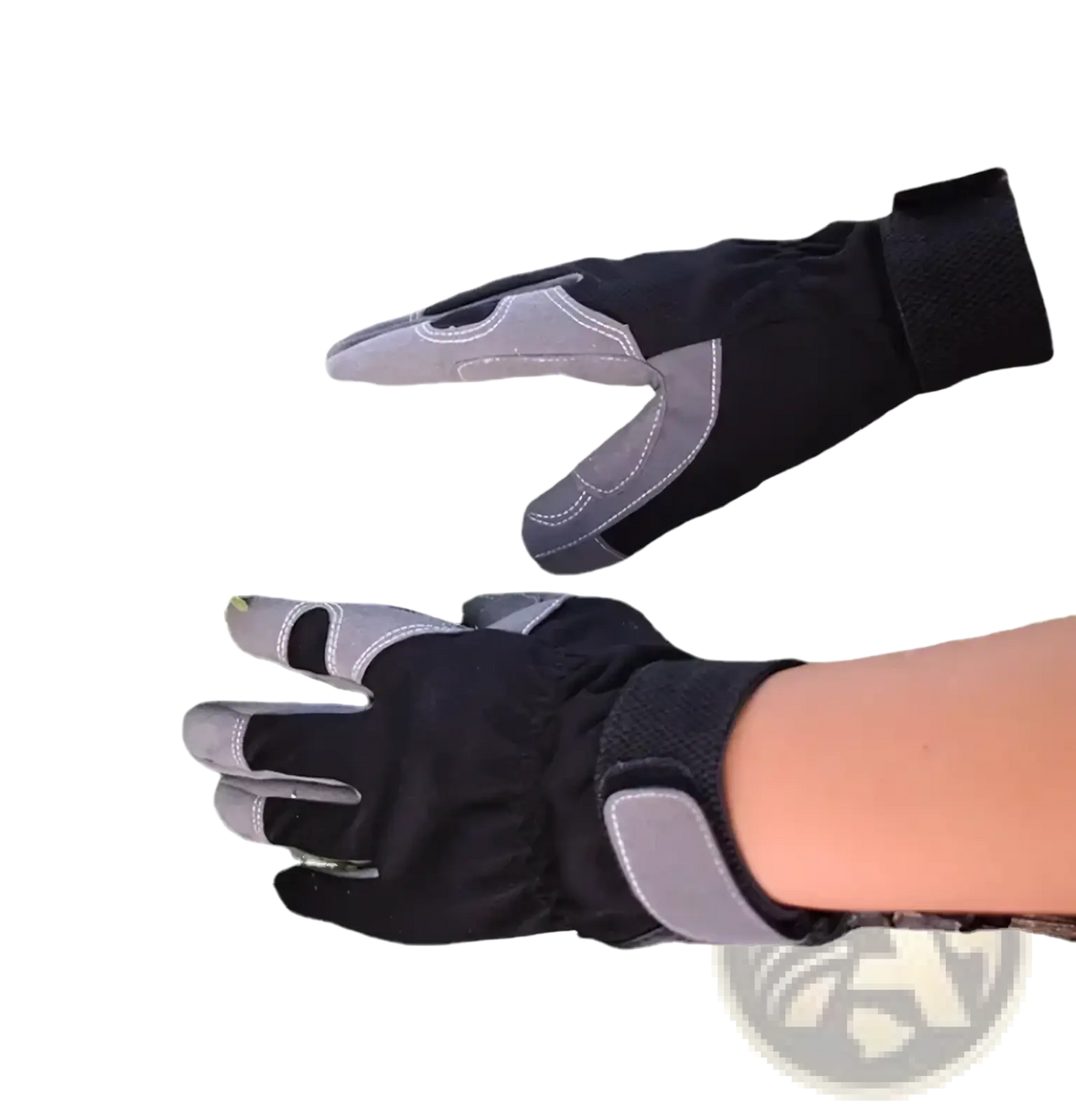 Black and gray cowhide leather work gloves with reinforced palm patches for safety and driving use