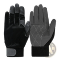 Black and gray cowhide leather work gloves with reinforced fingertips textured palms and velcro wrist strap for safety driving
