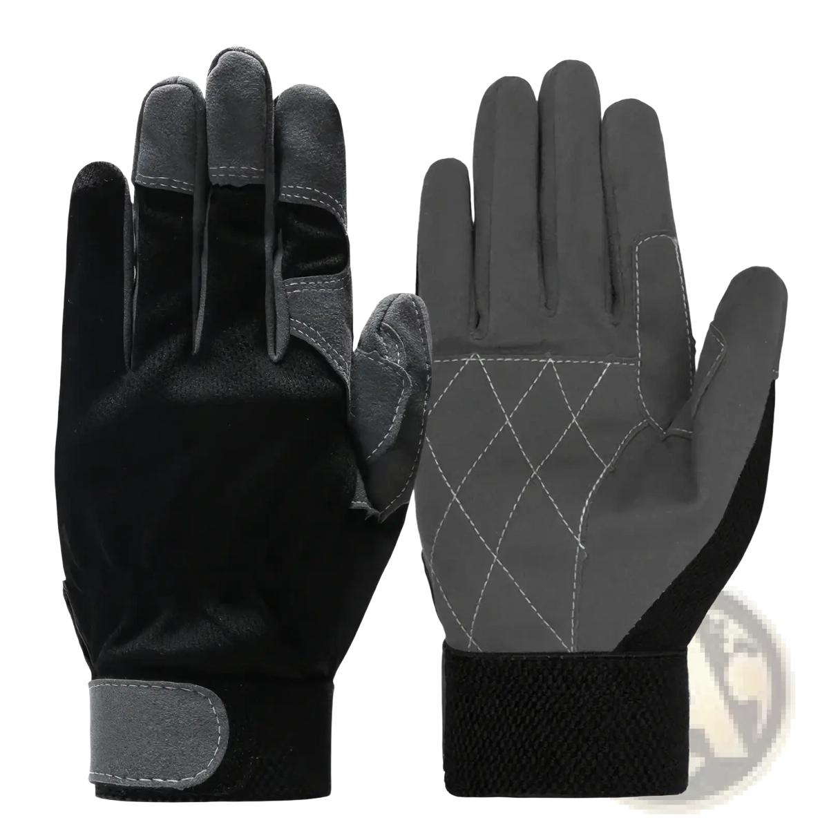 Black and gray cowhide leather work gloves with reinforced fingertips textured palms and velcro wrist strap for safety driving