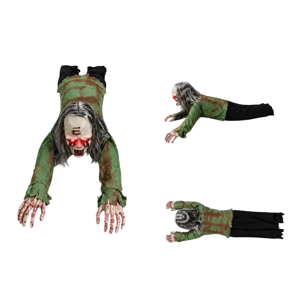 A 106 cm long crawling zombie prop with piercing red led glowing eyes and a distressed green and black fabric outfit