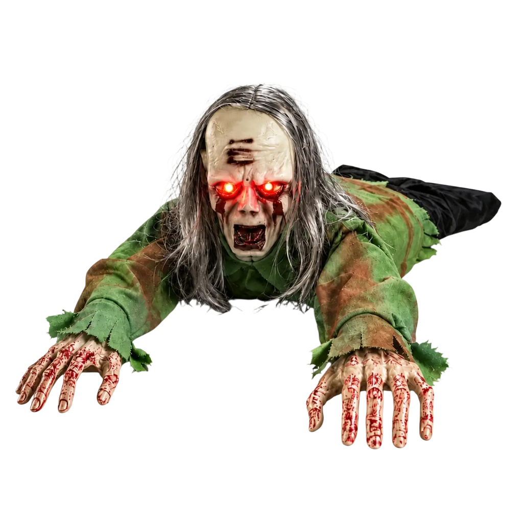 A lifelike crawling zombie figure with piercing red led glowing eyes and blood-stained hands in a tattered green outfit