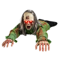 A lifelike crawling zombie figure with piercing red led glowing eyes and blood-stained hands in a tattered green outfit
