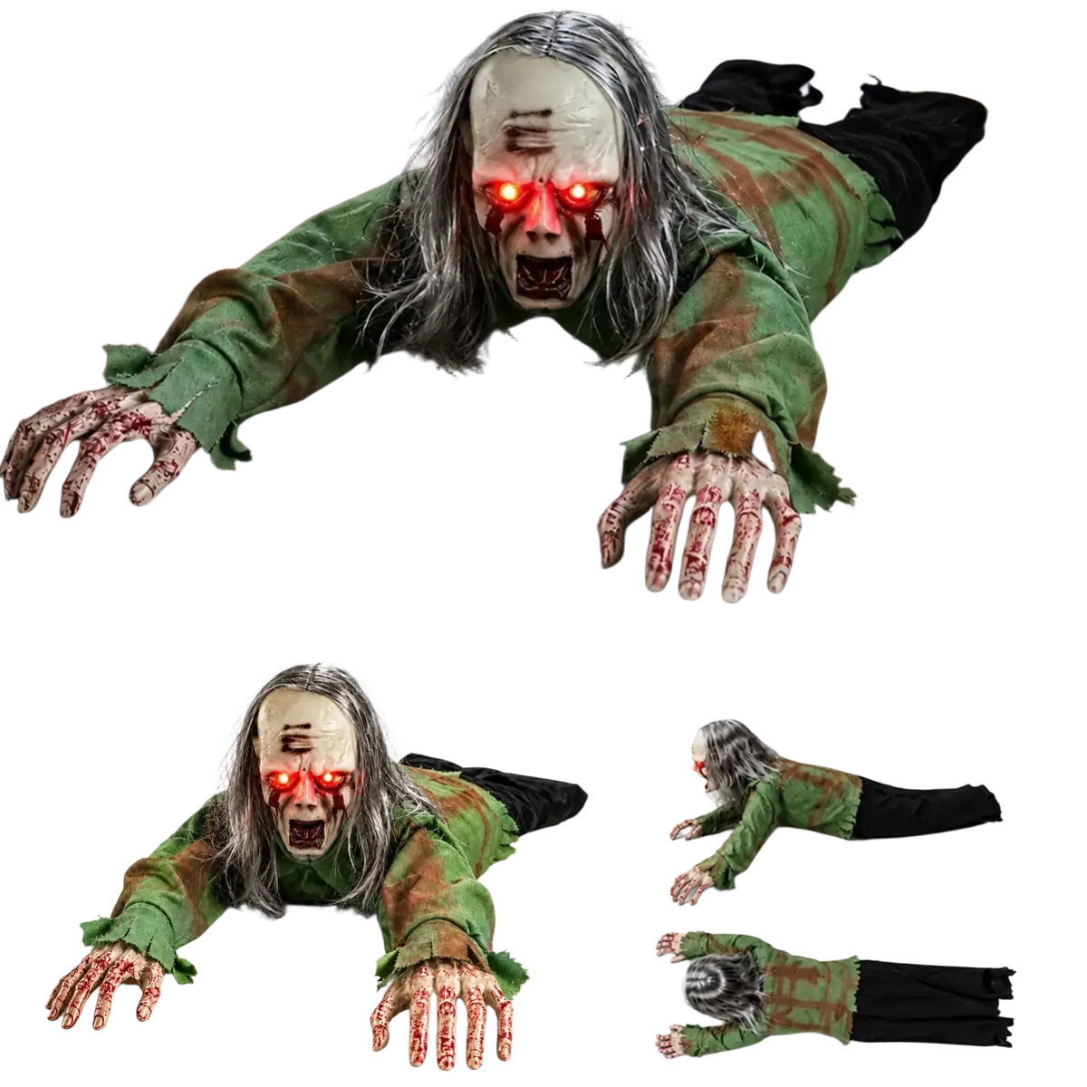 Crawling zombie prop with piercing red led glowing eyes grayish white face long silver gray hair and tattered green shirt