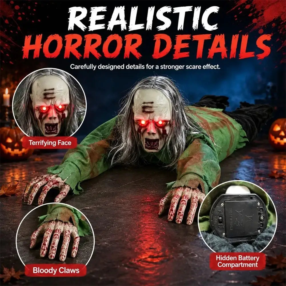 A realistic crawling zombie figure with grayish-white skin wearing a tattered green outfit and piercing red led glowing eyes