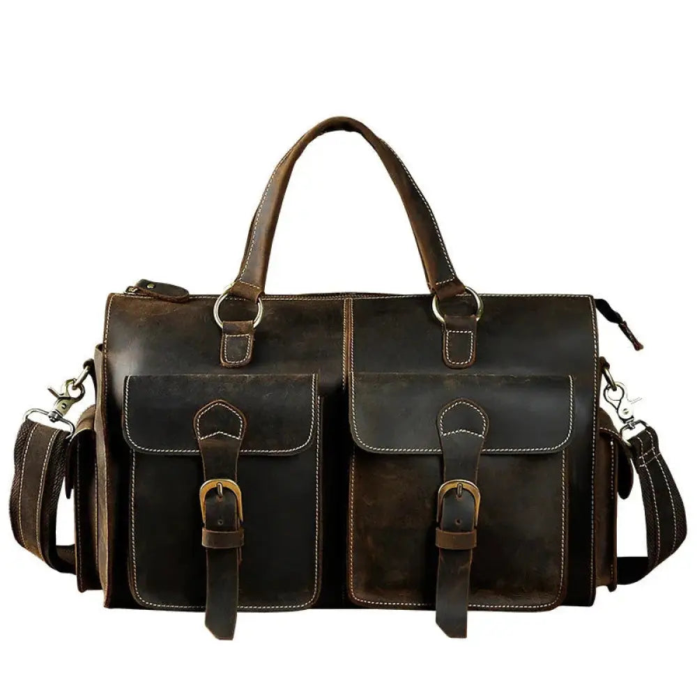 Dark brown vintage crazy horse leather satchel bag with brass hardware two front flap pockets and detachable shoulder strap