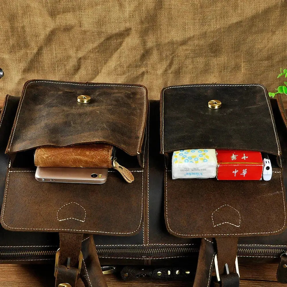 Brown leather briefcase with vintage distressed finish and brass hardware from vintage crazy horse leather satchel bag collection