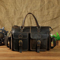 Vintage crazy horse leather satchel bag in dark brown with two front flap pockets and brass buckle hardware