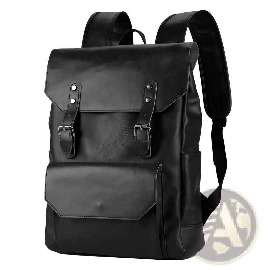 Black leather crazy horse large capacity unisex backpack with silver-toned buckles and straps shown from the back