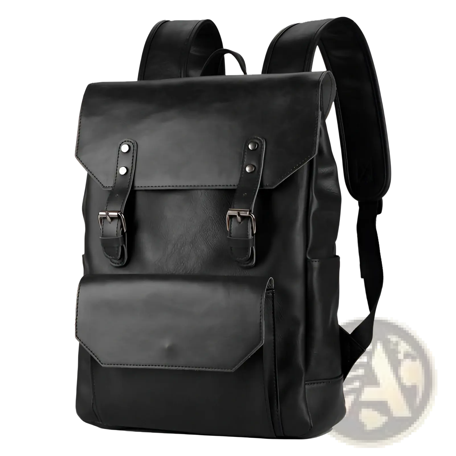 Black leather crazy horse large capacity unisex backpack with silver-toned buckles and straps shown from the back
