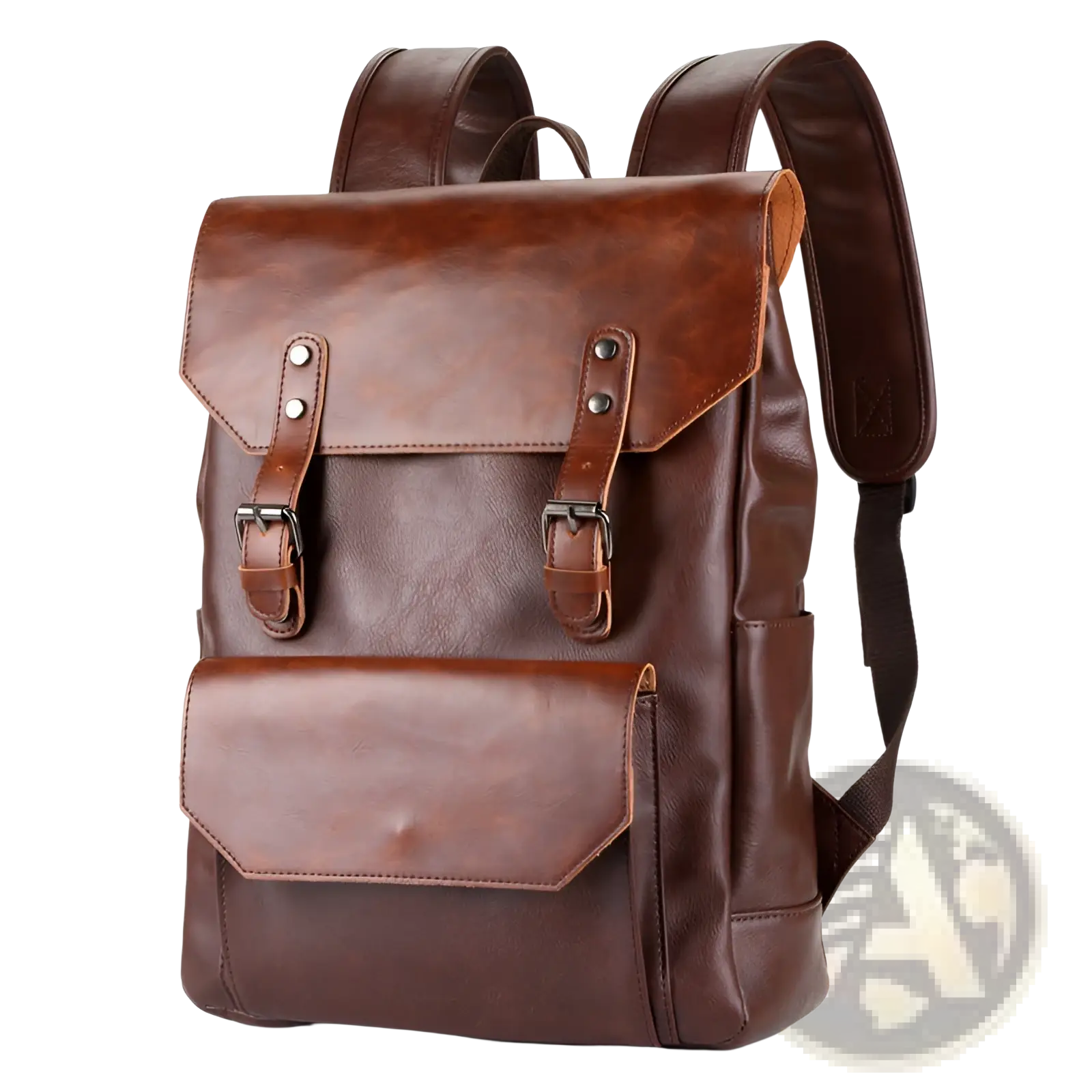 Brown leather large capacity unisex backpack with flap closures and metal buckles in crazy horse leather