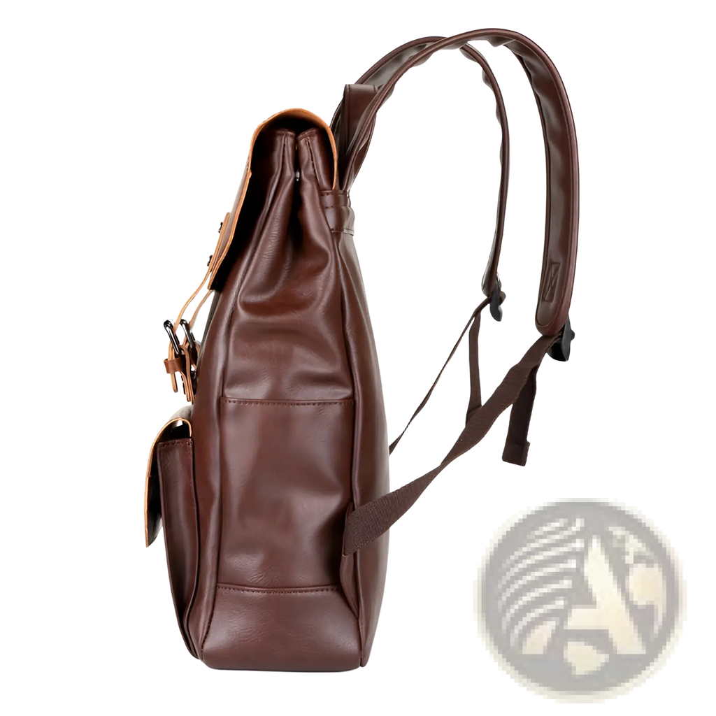 Brown crazy horse leather large capacity unisex backpack with tan accents and adjustable straps shown from the back