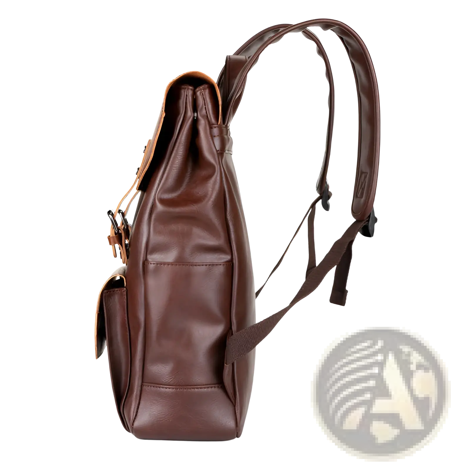 Brown crazy horse leather large capacity unisex backpack with tan accents and adjustable straps shown from the back