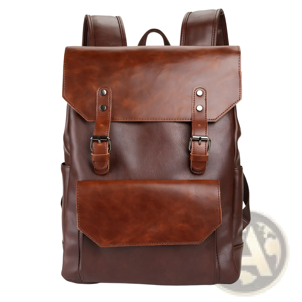 Brown crazy horse leather large capacity unisex backpack with flap closure and buckled straps with matching shoulder straps