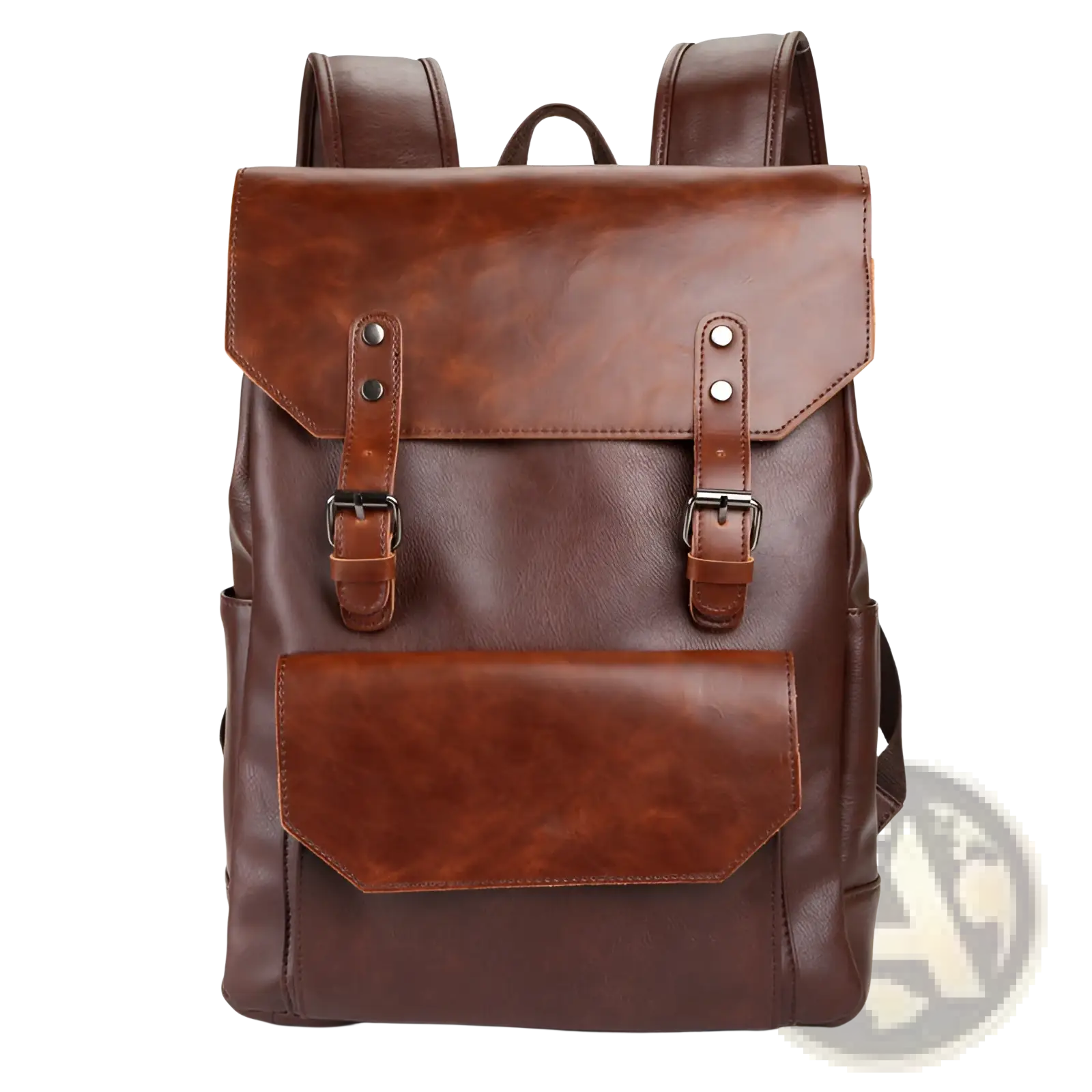 Brown crazy horse leather large capacity unisex backpack with flap closure and buckled straps with matching shoulder straps