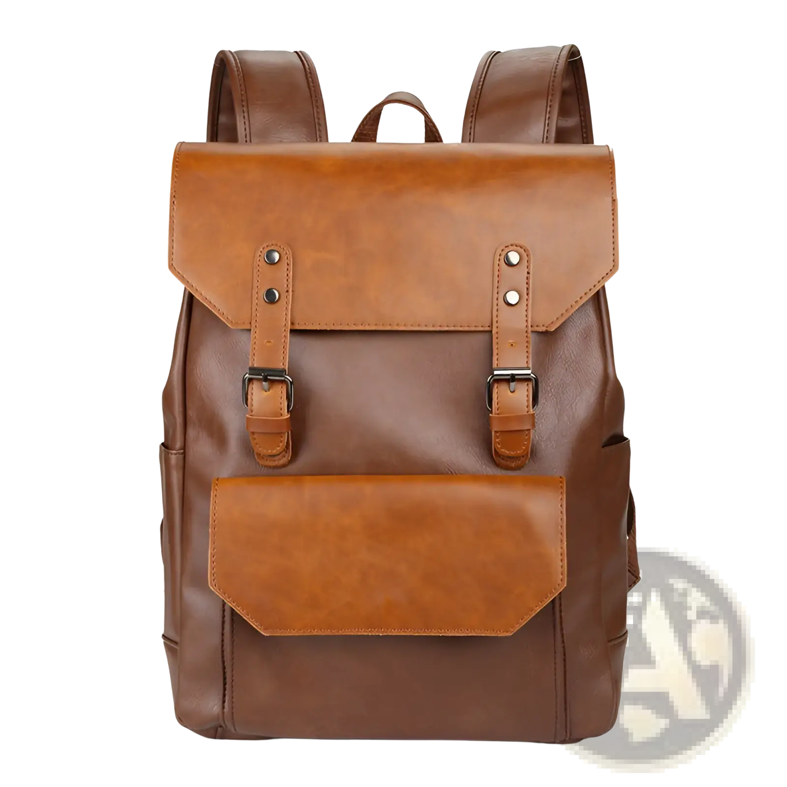 Brown crazy horse leather large capacity unisex backpack with flap closure and metal buckle accents