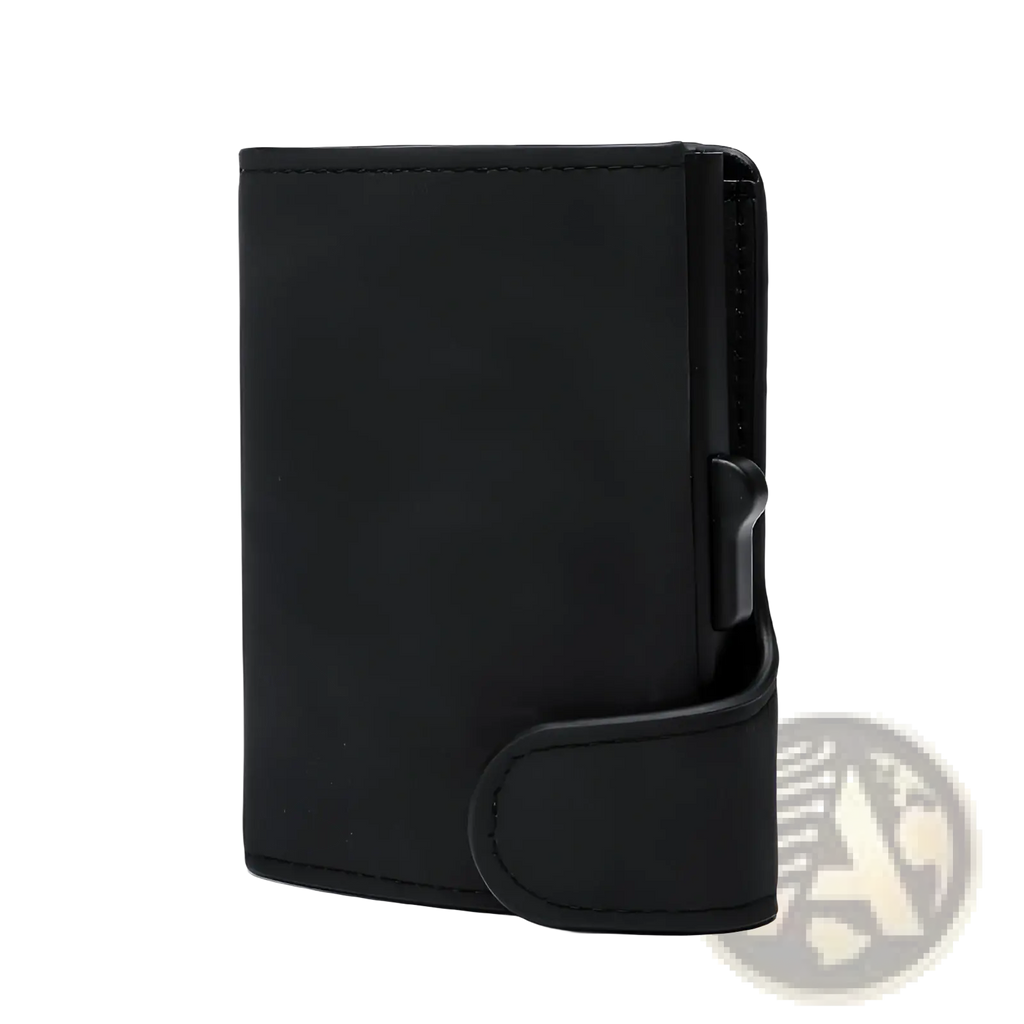 Black crazy horse leather metal card case wallet with magnetic closure and sleek minimalist textured design