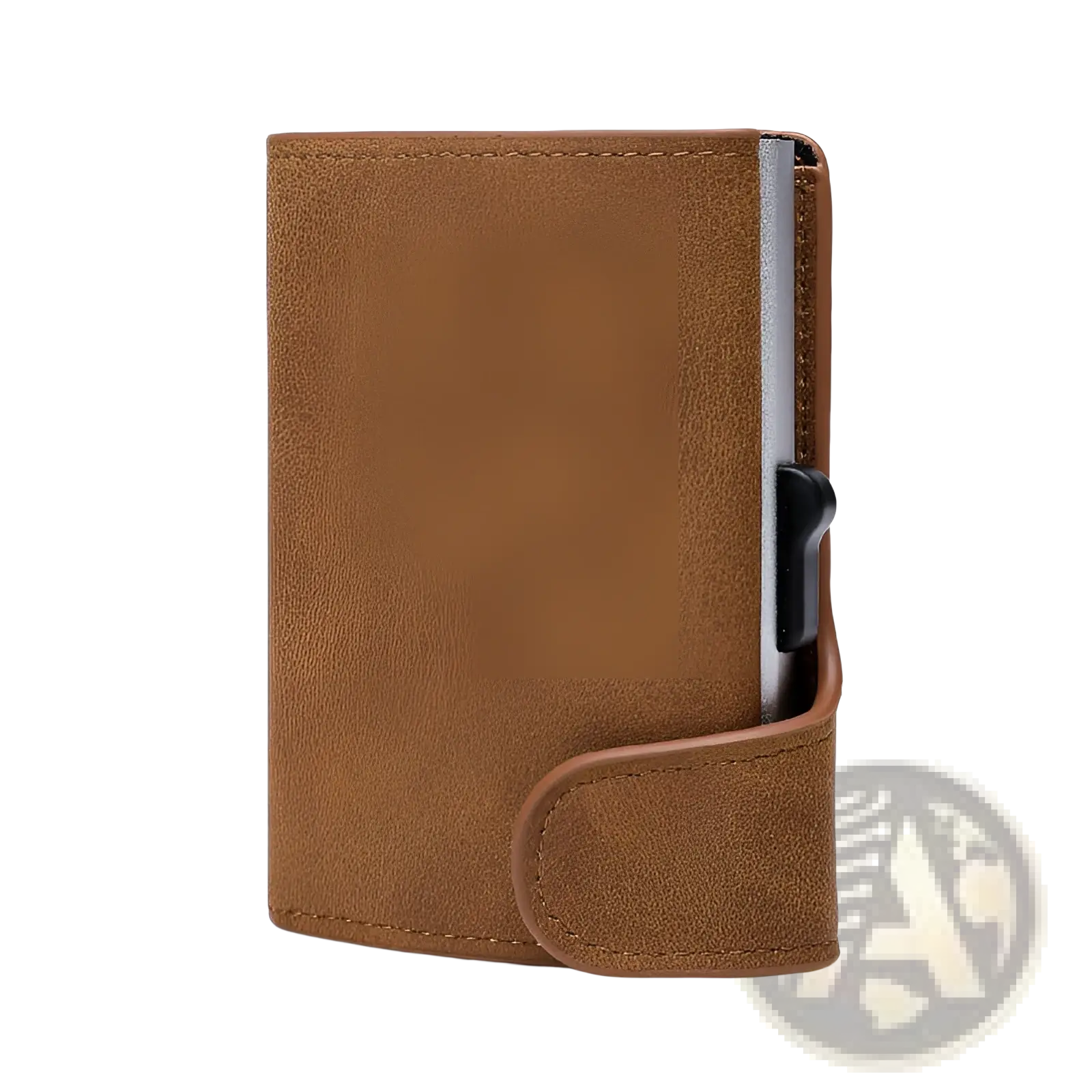 Brown suede textured crazy horse leather metal card case wallet with metallic silver interior and black magnetic closure