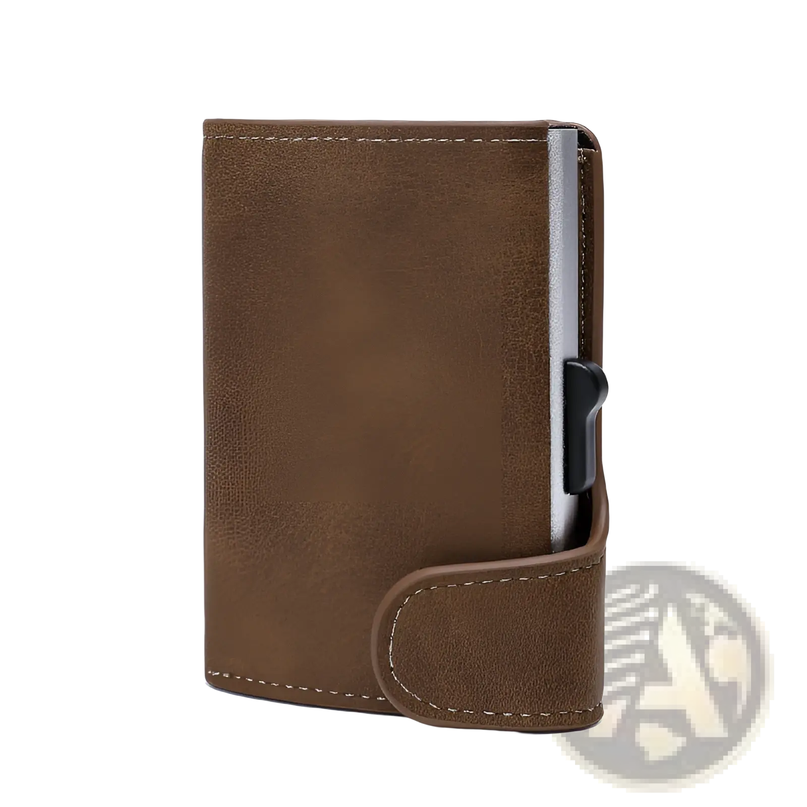 Brown crazy horse leather metal card case wallet with metallic insert and black magnetic clasp visible from front side