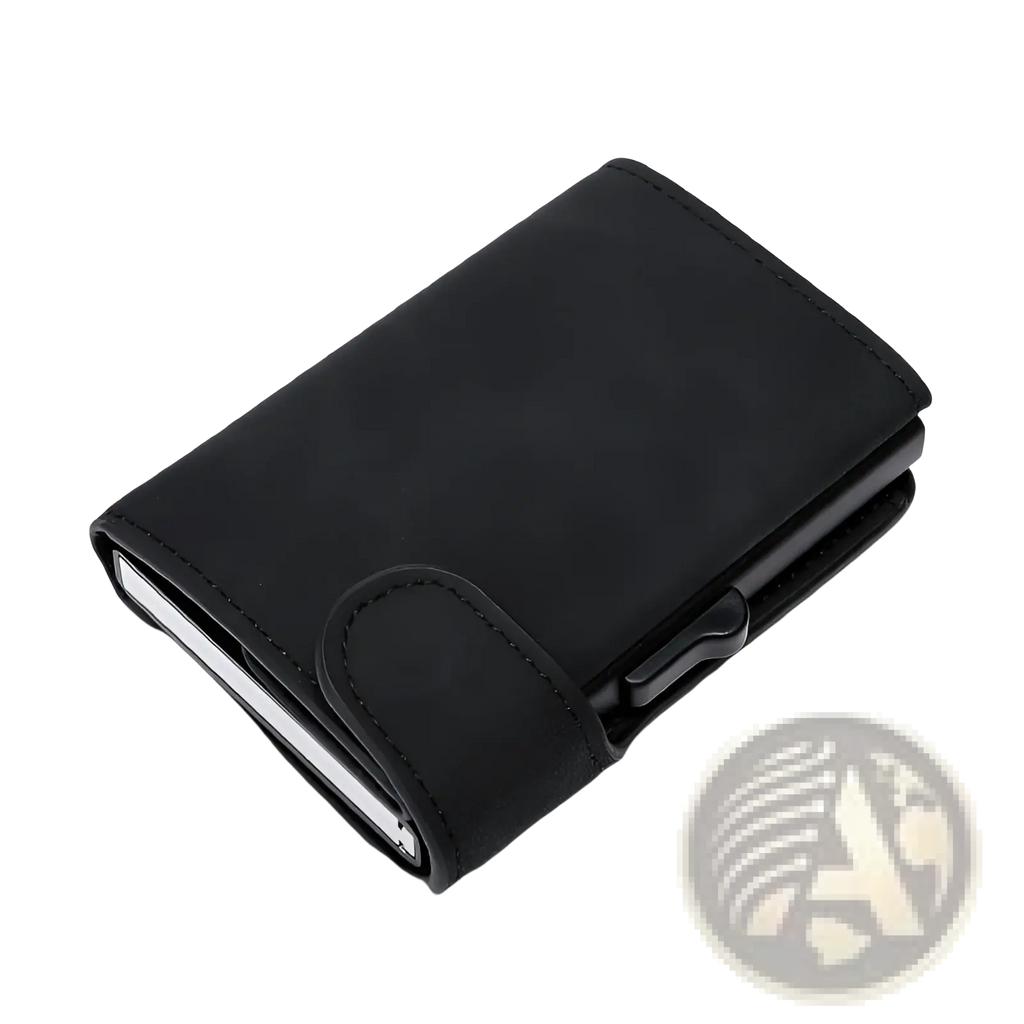 Black textured Crazy Horse leather metal card case wallet with sleek metal clasp and minimalist design