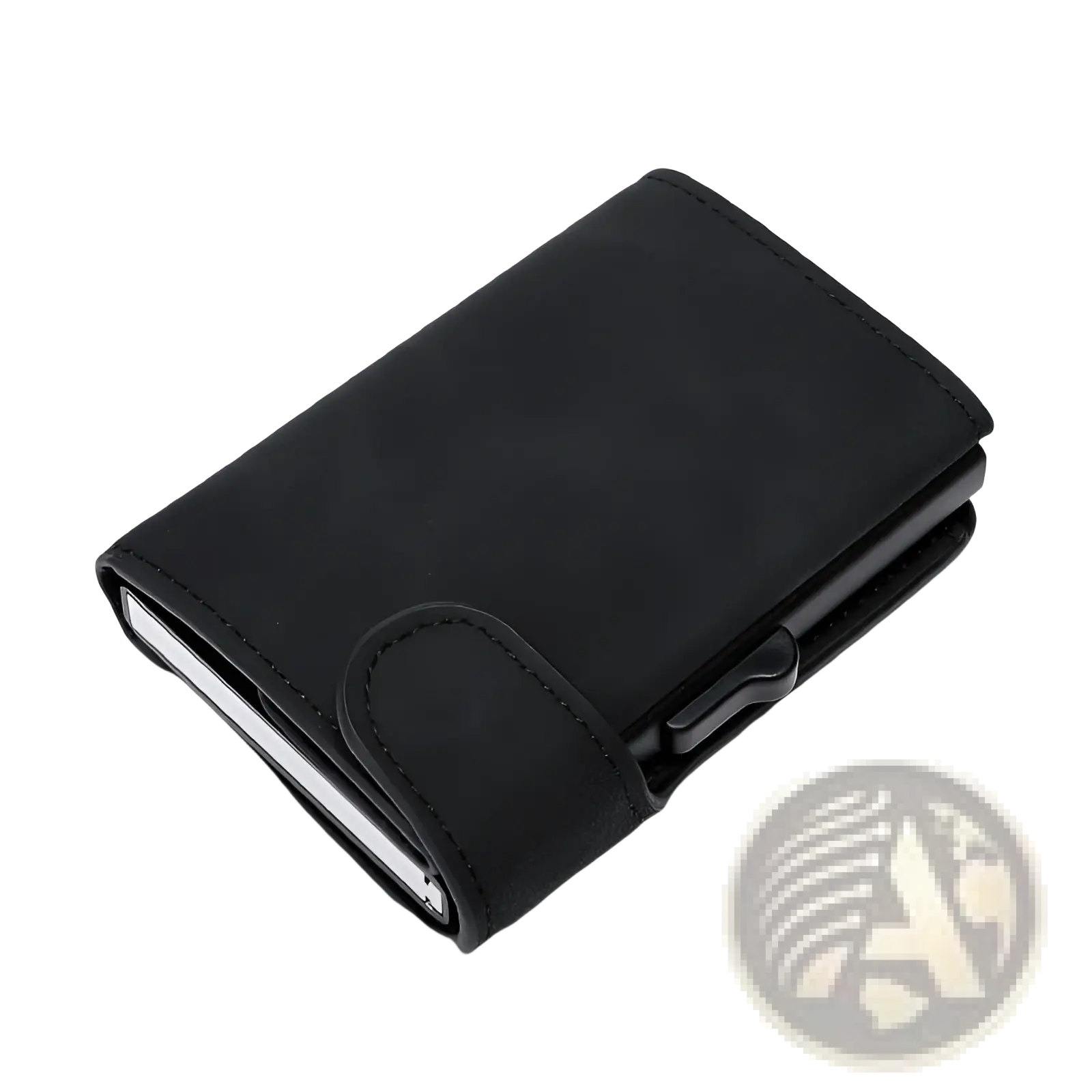 Black textured Crazy Horse leather metal card case wallet with sleek metal clasp and minimalist design