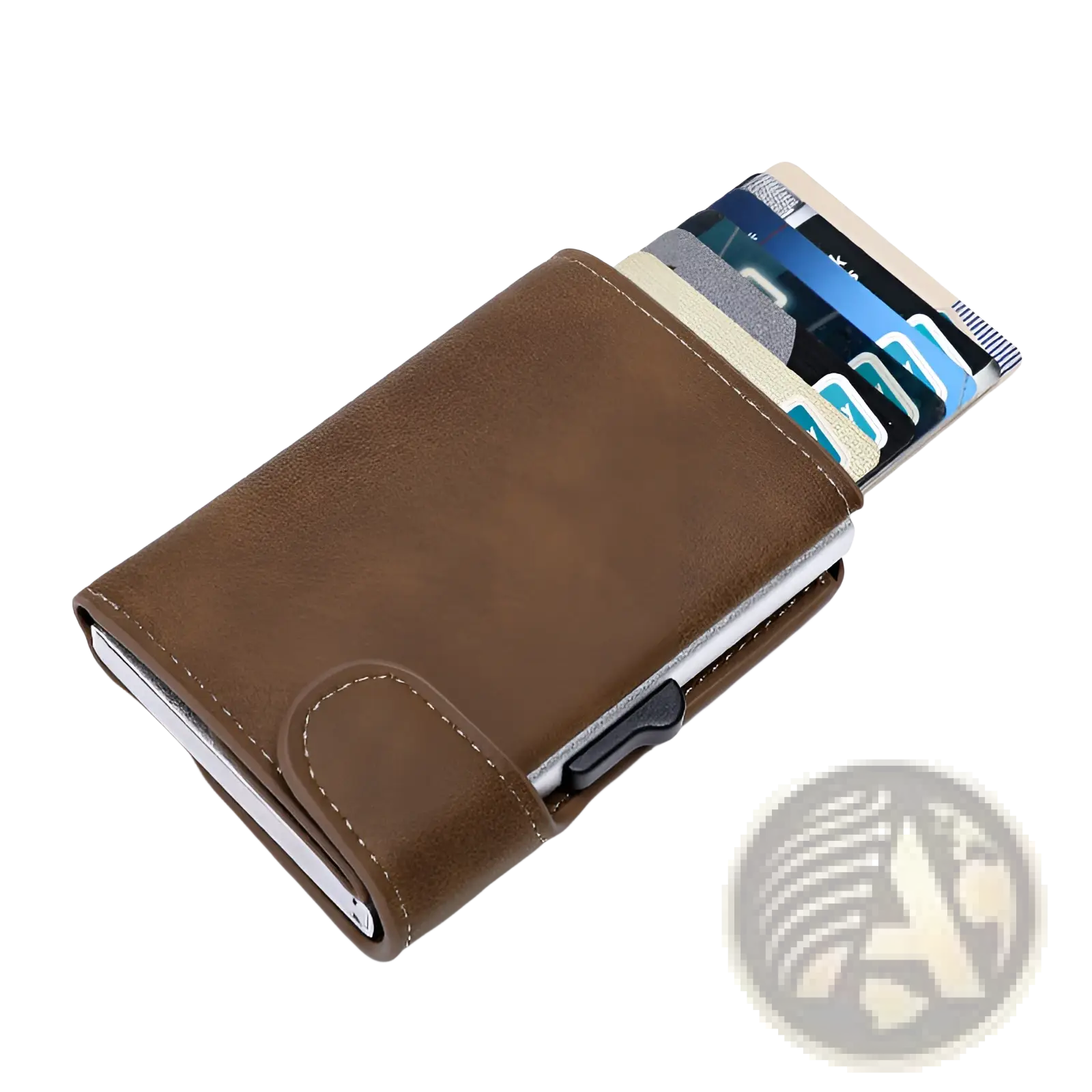 Brown leather Crazy Horse metal card case wallet with metallic clip and visible card slots for organized storage