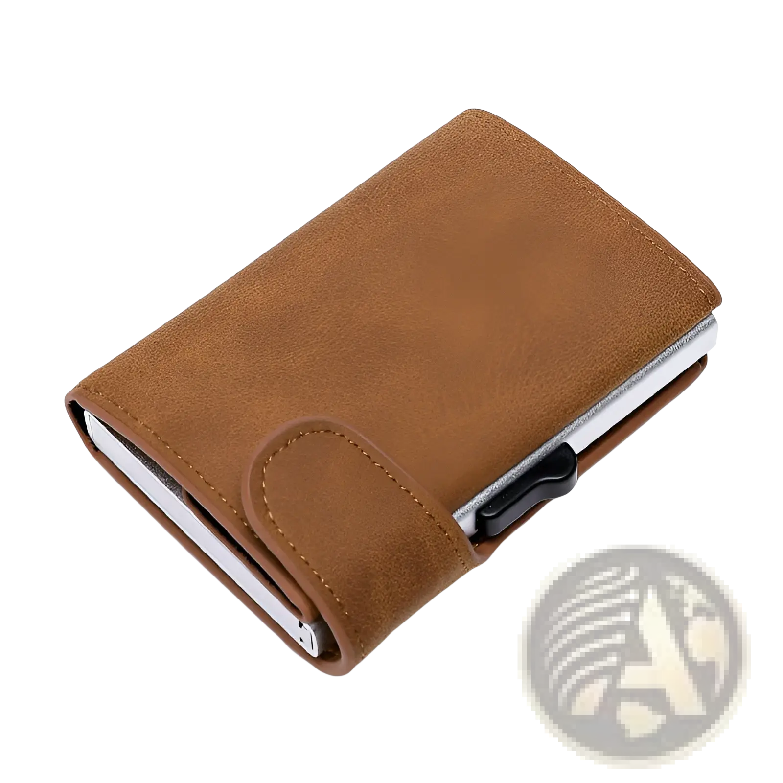 Brown leather crazy horse metal card case wallet with metallic silver interior and black magnetic clasp