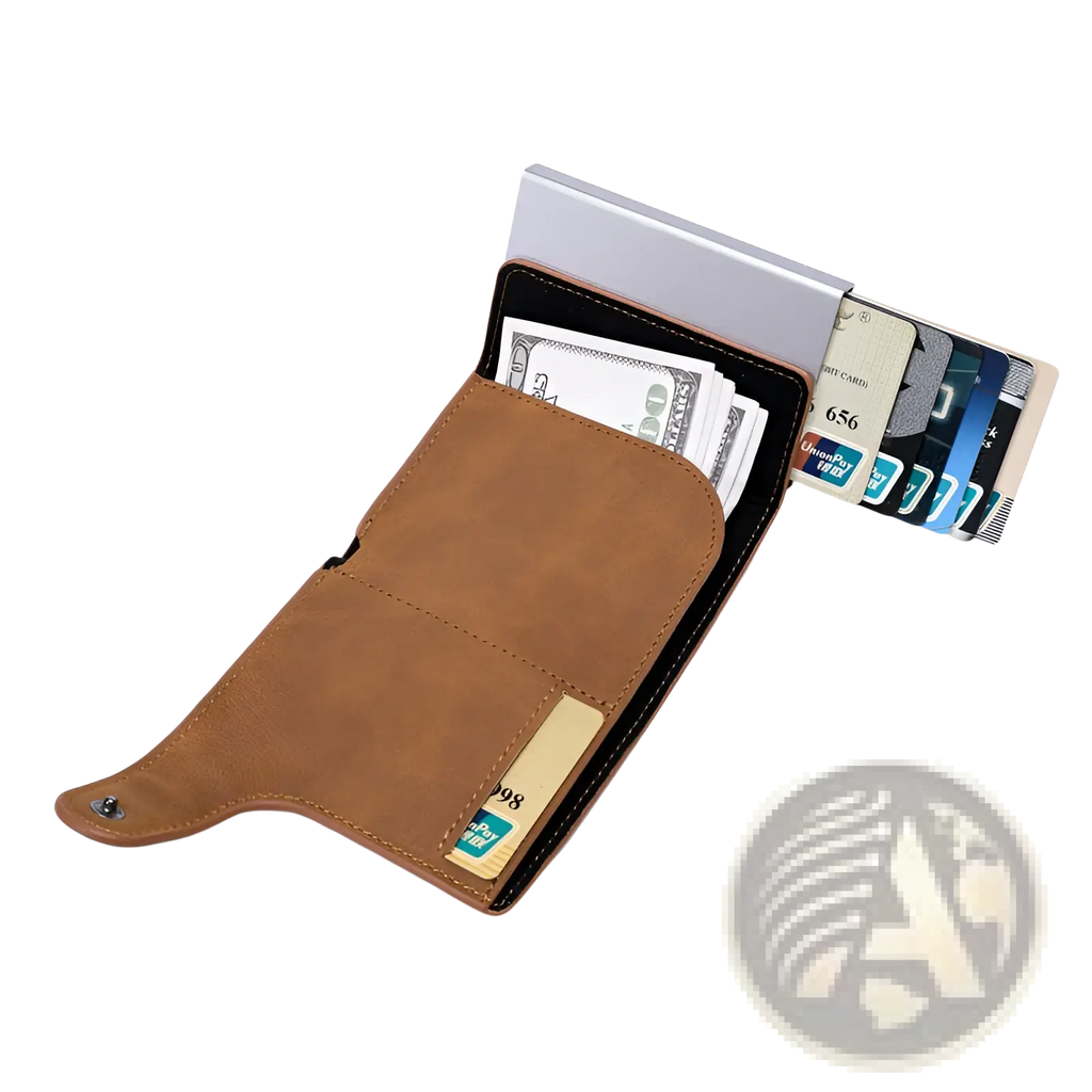 Brown leather Crazy Horse wallet with silver metal card slot holding multiple credit cards and cash