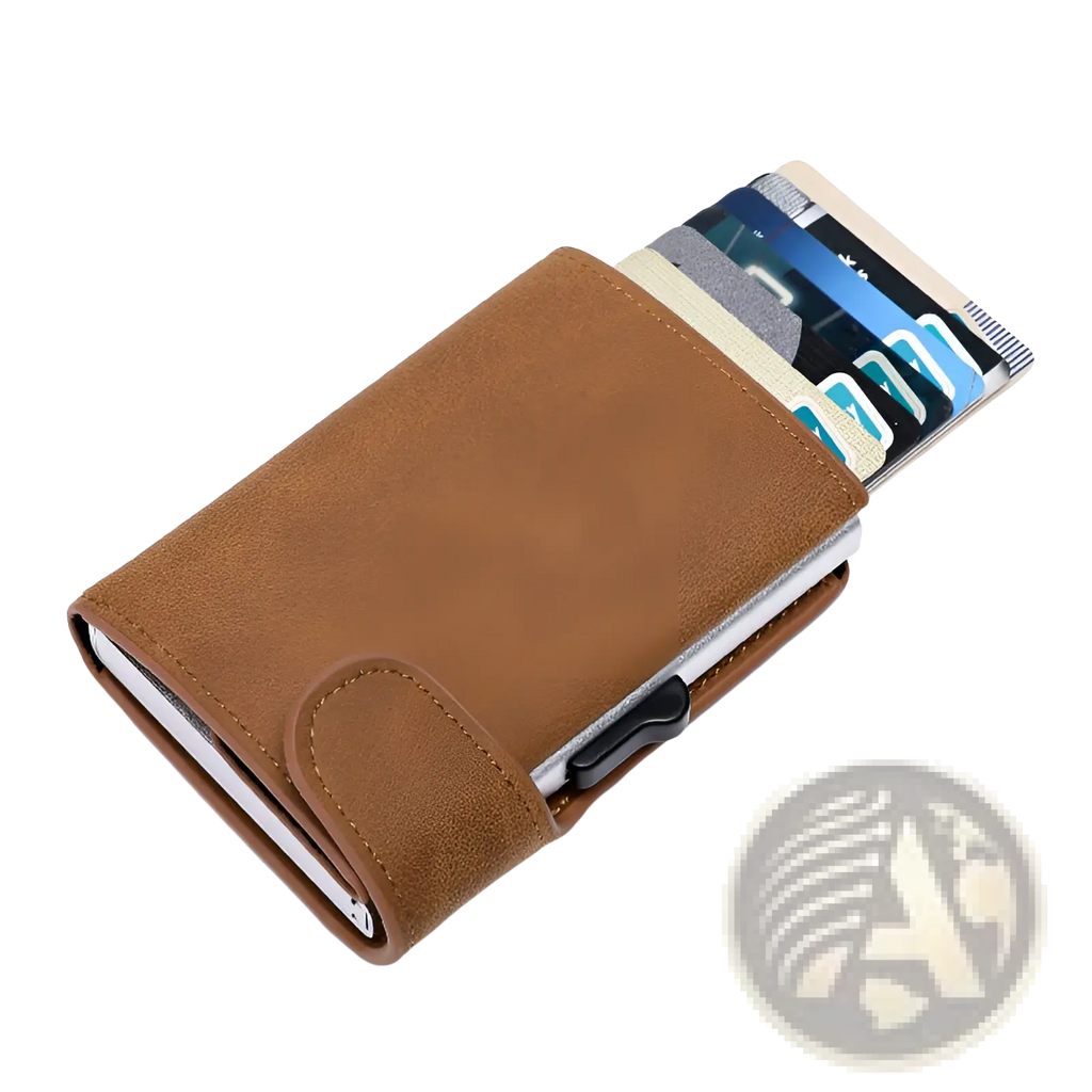 Brown suede-finish Crazy Horse leather metal card case wallet with a sleek metal clip and visible card slots