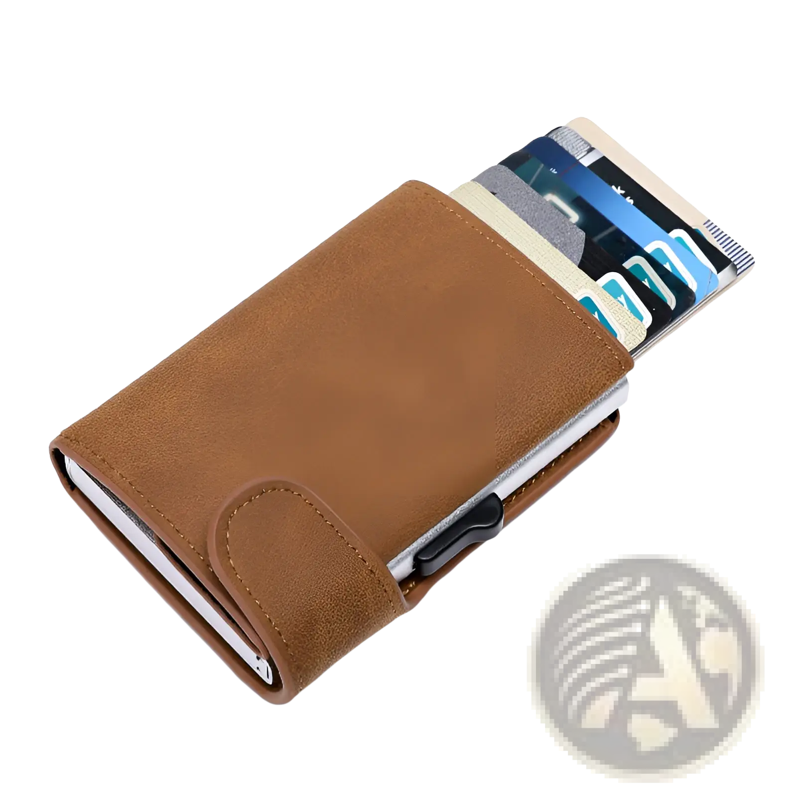 Brown suede-finish Crazy Horse leather metal card case wallet with a sleek metal clip and visible card slots