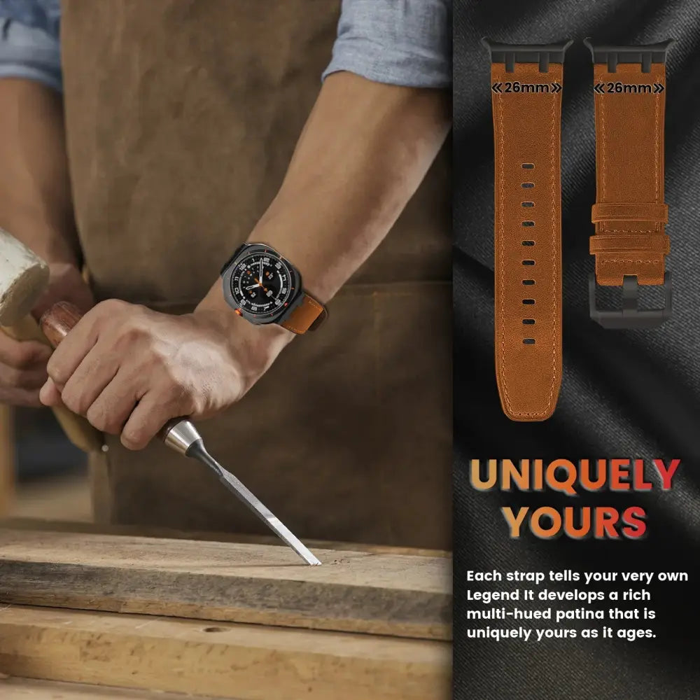 Premium crazy horse leather watch strap in tan with black plastic buckle and adjustment holes for 26mm watch face