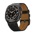 Black and orange smartwatch with matte case and tan premium crazy horse leather strap with silver buckle showing metrics